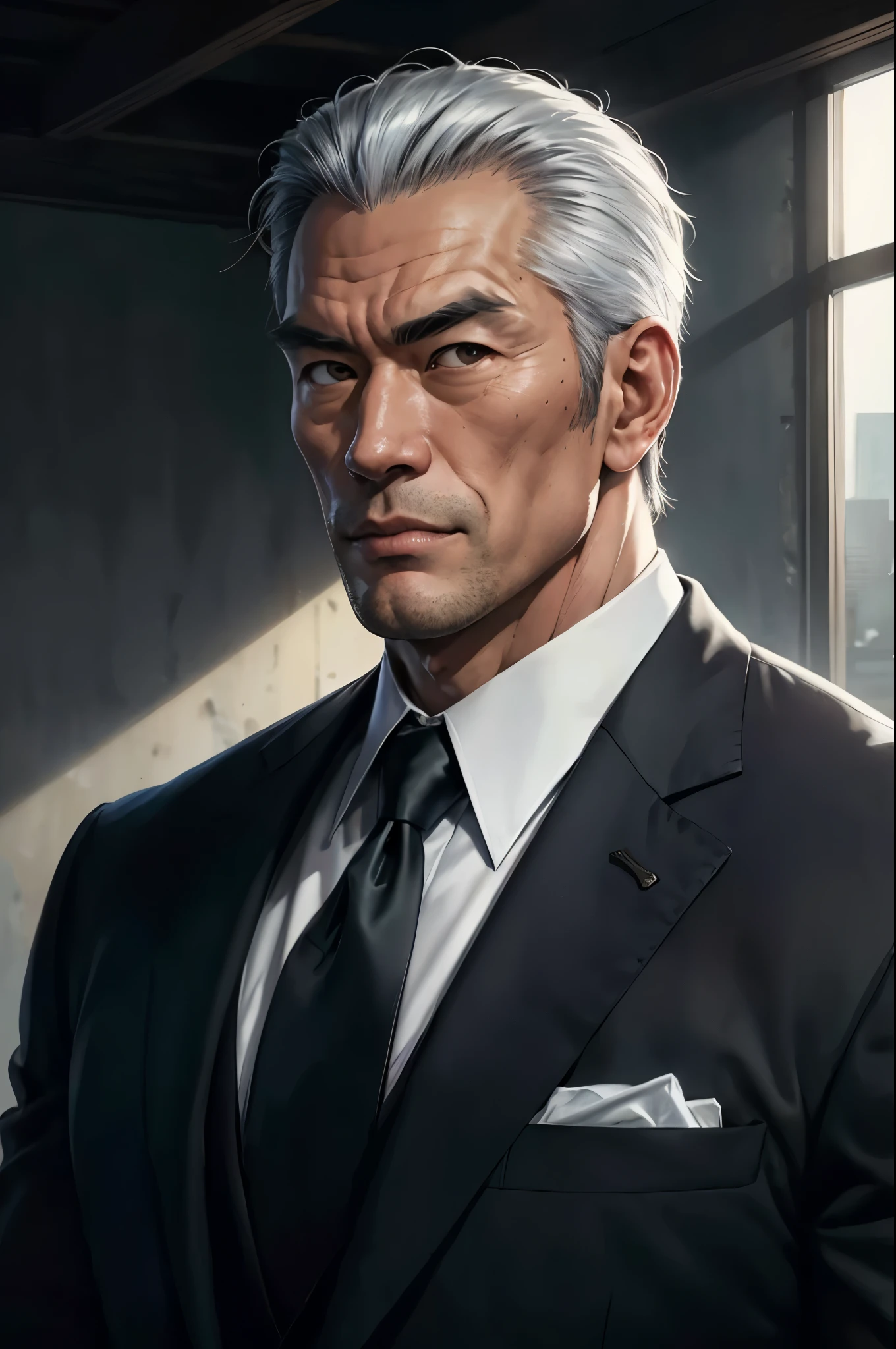 (RAW photo), (Realistic), (photo-realistic), ultra high resolution, masterpiece, highest quality, portrait, facial portrait, perfect lighting, detailed lighting, dramatic shadow, ray tracing, 1 Japanese old man, alone, tall and muscular man, broad shoulders, (((good looking:1.5))), very short hair, gray hair, brown eyes, square jaw, thick neck, thick eyebrows, the high noon view of the city background, Formal suit, tie, Upper body