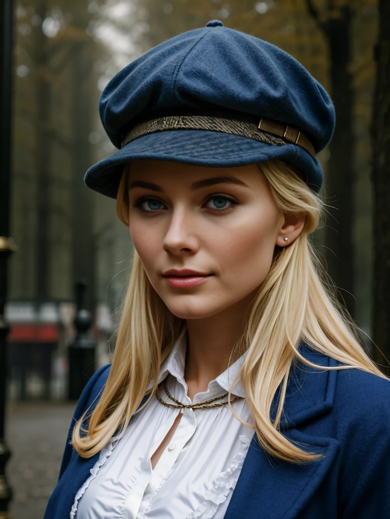 blond woman with blue eyes, wears a deerstalker cap, dressed like Sherlock Holmes, hyperrealistic , 28 years old, masterpiece, wear a oldstyle victorian dress, oldstyle, outdoor, old London City, foggy Atmosphere, 