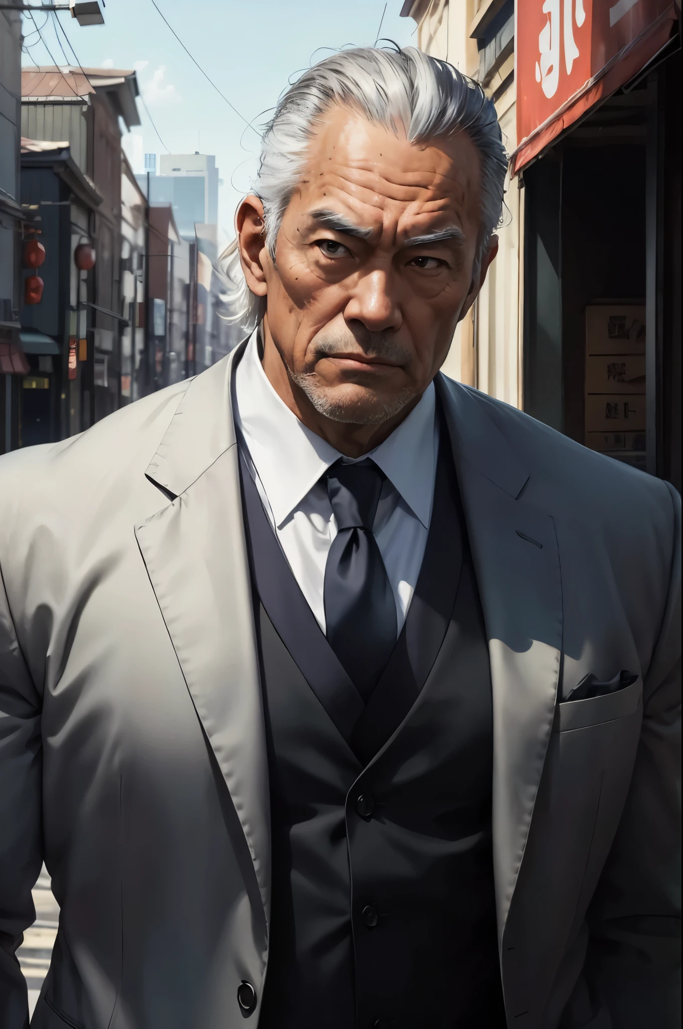 (RAW photo), (Realistic), (photo-realistic), ultra high resolution, masterpiece, highest quality, portrait, facial portrait, perfect lighting, detailed lighting, dramatic shadow, ray tracing, 1 Japanese old man, alone, tall and muscular man, broad shoulders, (((good looking))), very short hair, gray hair, brown eyes, square jaw, thick neck, thick eyebrows, the high noon view of the city background, Formal suit, tie, Upper body