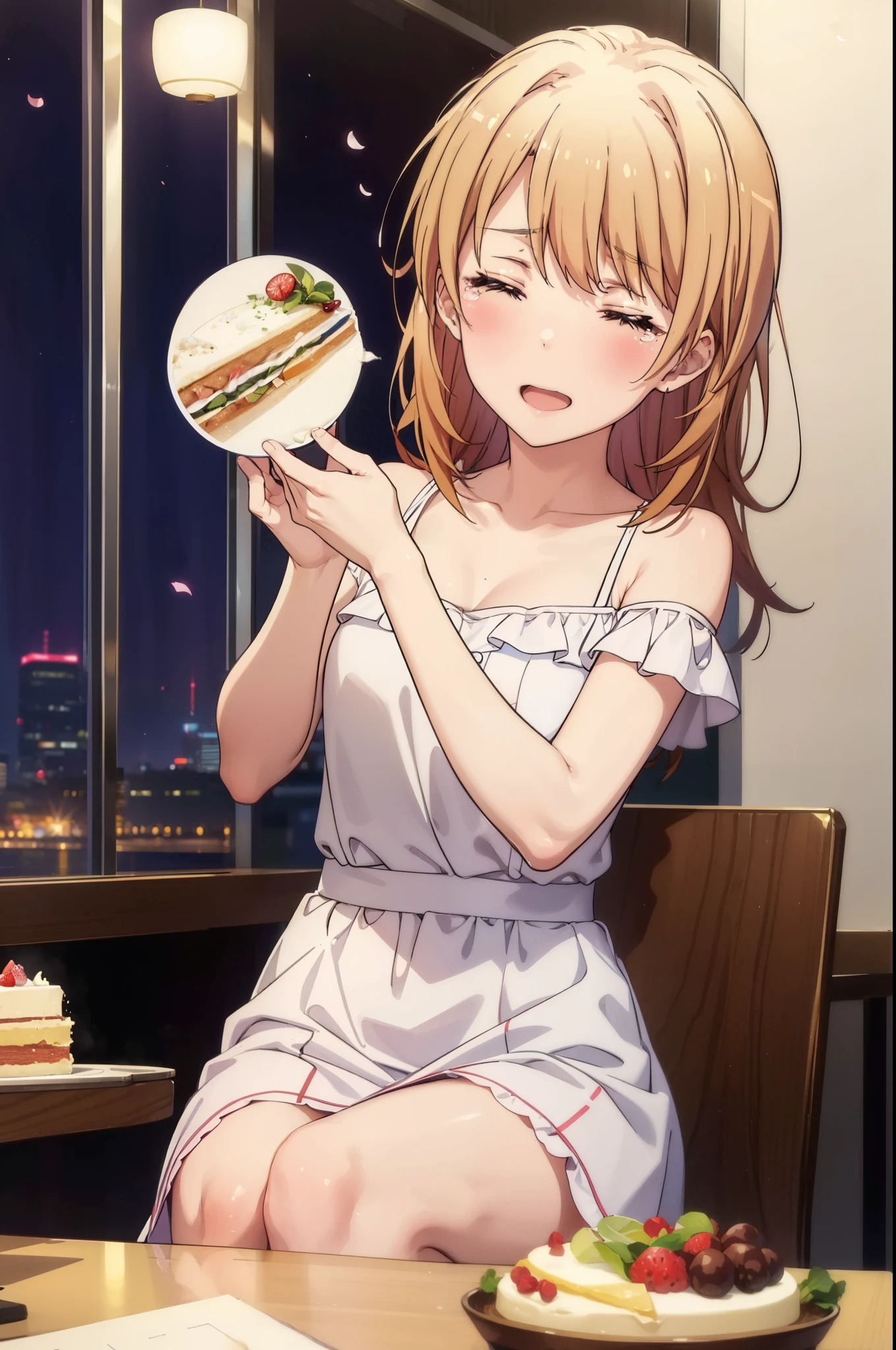 Anime girl eating a sandwich in a restaurant with a view of the city -  SeaArt AI