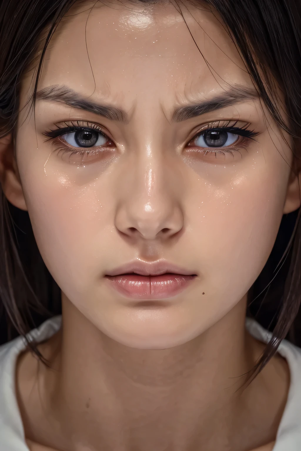 beautiful japanese,1 girl(masterpiece:1.2, highest quality), (realistic, photorealistic:1.4),, focus the eyes clearly, nose and mouth,face focus, super close up of face、 35 years old,black hair、symmetrical face,realistic nostrils、Angle from below、Elongated C-shaped nostril NSFW,(sharp nose)skin shining with sweat、shiny skin((thin eyebrows))oily skin、radiant glowing skin、double eyelid、Beautiful woman、medium hair,sharp nose（inside the elevator）((half-closed eyes,furrowed brow,frown,heavy breathing, moaning,heavy breathing,screaming, tearing up,scowl, saliva trail))((Drool is dripping from the corner of your lips.)),looking at viewer