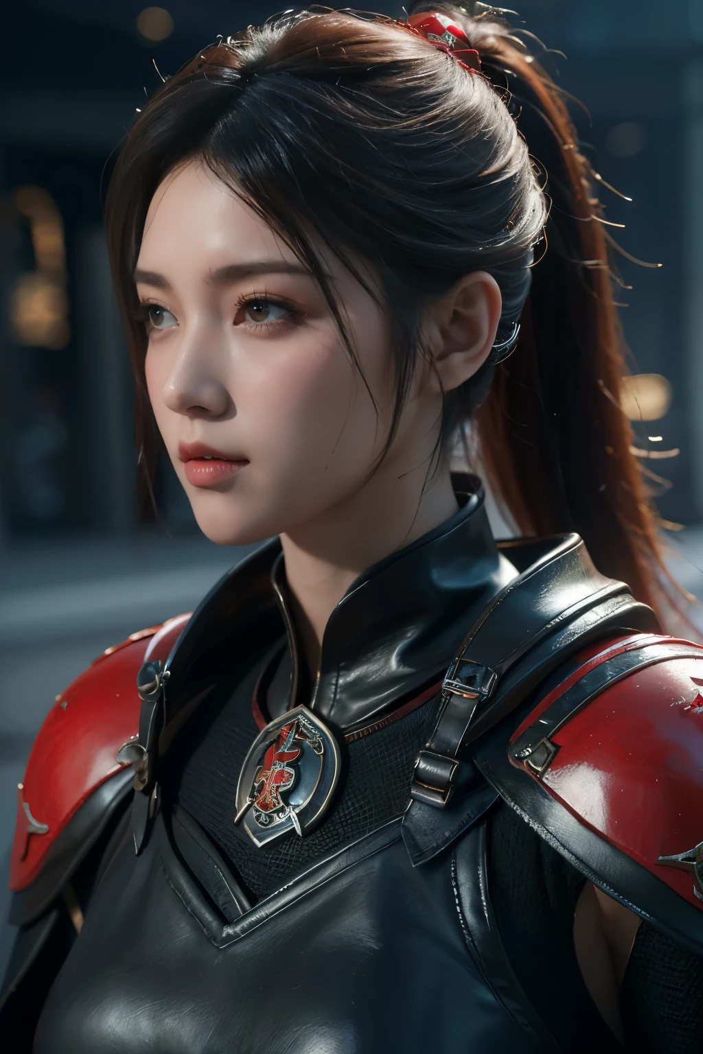 傑作,ゲームアート,最高の画質,最高解像度,8K,(肖像画),Unreal Engine 5のレンダリング作業,(デジタル写真),
女の子,美しい瞳,(徐々に長くなるポニーテールの髪は青と赤),巨乳,(巨乳),(肖像画 photography:1.5),
(古代ファンタジー風の兵士),古代兵士の鎧,(鎧には革と金属がはめ込まれている,戦闘用アクセサリー,ジョイントアーマー,マント,ドレスに施された美しいバッジ模様,赤と黒),古代ファンタジー風のキャラクター,
映画照明，レイトレーシング，ゲームCG，((3D アンリアル エンジン))，OCレンダリング反射パターン