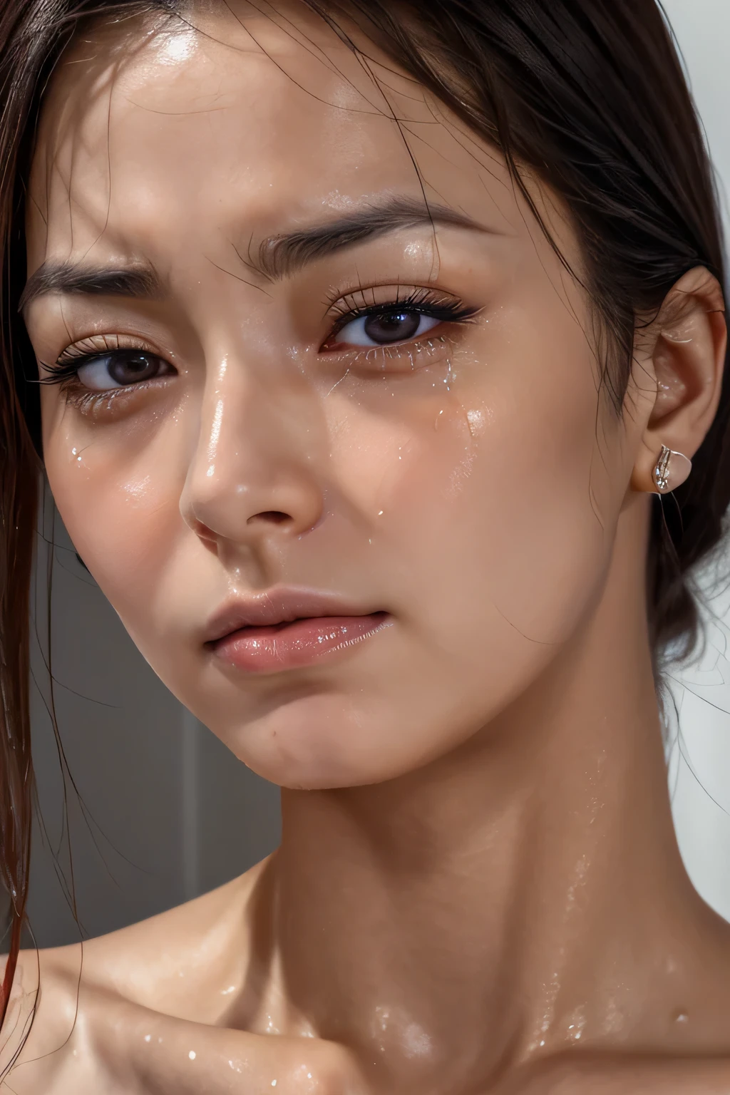 beautiful japanese,1 girl(masterpiece:1.2, highest quality), (realistic, photorealistic:1.4),, focus the eyes clearly, nose and mouth,face focus, super close up of face、 3,black hair、symmetrical face,realistic nostrils、Angle from below、Elongated C-shaped nostril NSFW,(sharp nose)skin shining with sweat、shiny skin((thin eyebrows))oily skin、radiant glowing skin、double eyelid、Beautiful woman、medium hair,sharp nose（inside the elevator）((half-closed eyes,furrowed brow,frown,heavy breathing, moaning,heavy breathing,screaming, tearing up,scowl, saliva trail))((Drool is dripping from the corner of your lips.)),looking at viewer