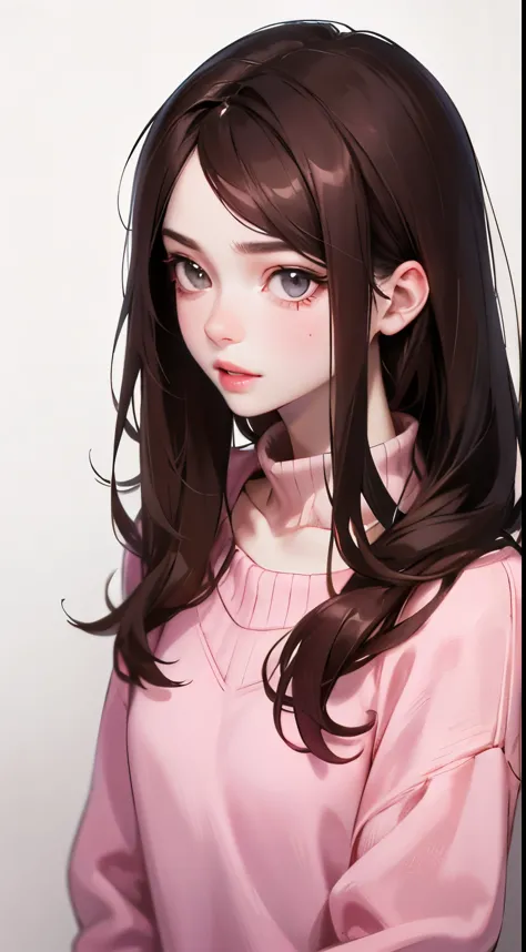 Girl, long brown hair, gray eyes, sharp features, white skin, pink lips, soft and thin, sweater