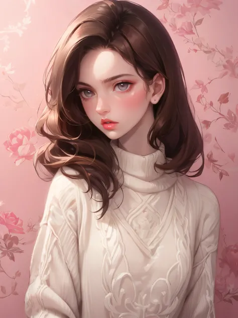 Girl, long soft brown hair, gray eyes, sharp features, white skin, pink lips, soft and delicate, sweater