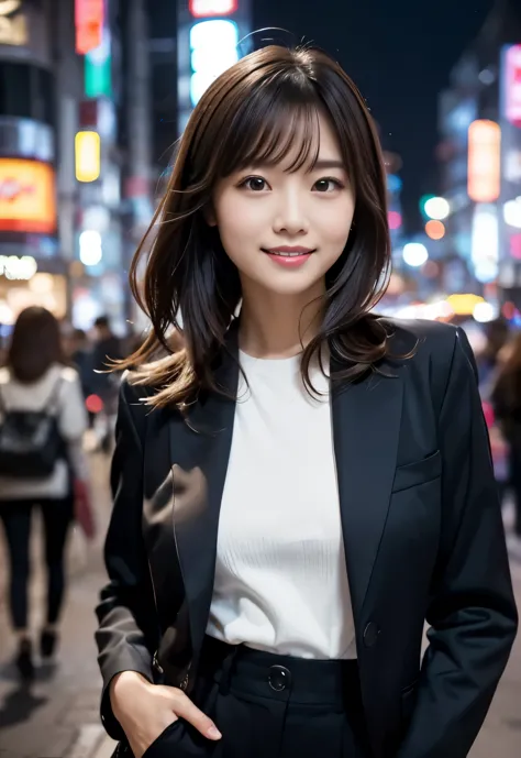 (((night city:1.3, outdoor, Photographed from the front))), ((long hair:1.3, suit, japanese woman,Smile,cute)), (clean, natural ...