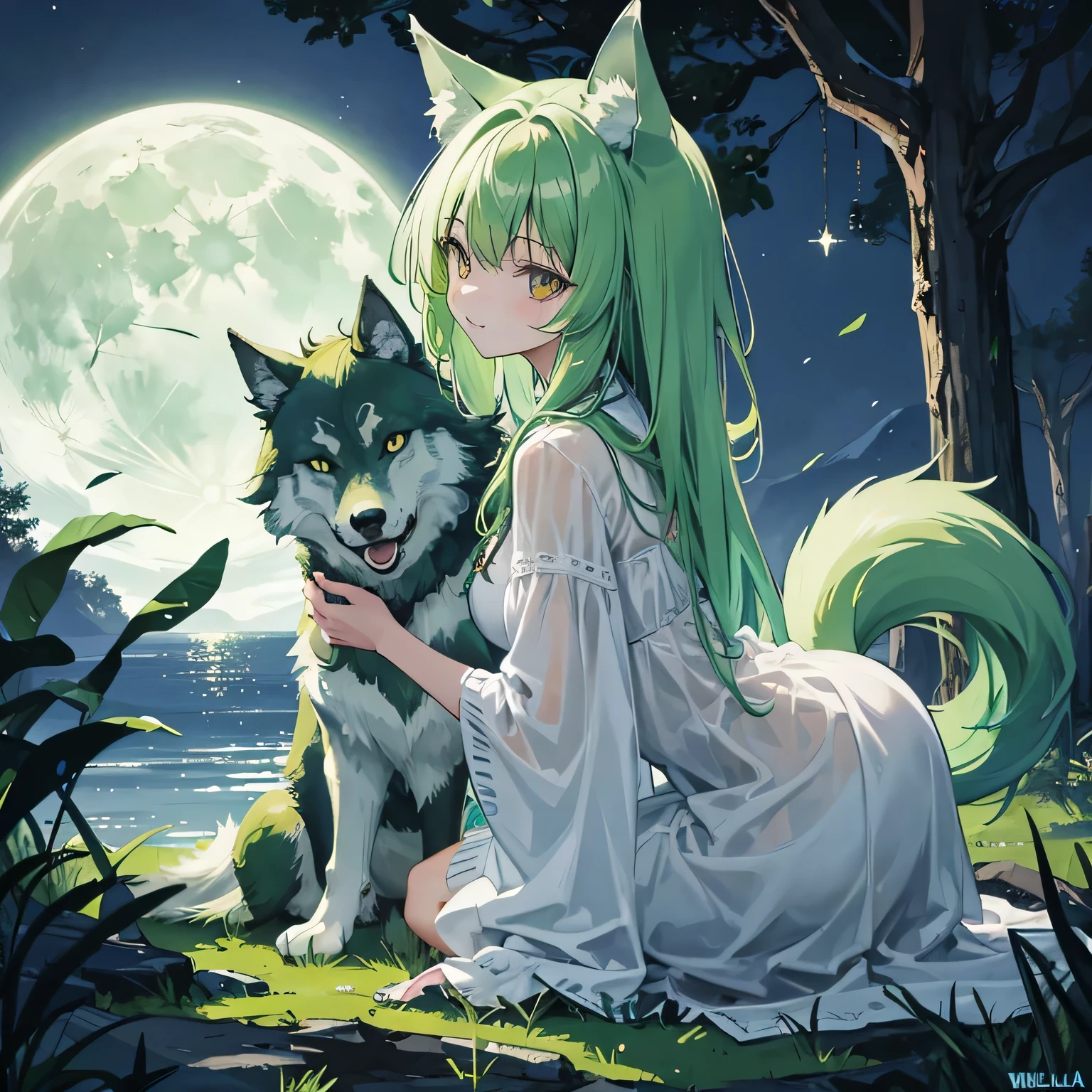 Chica anime con cabello verde y un lobo sentado en la hierba - SeaArt AI