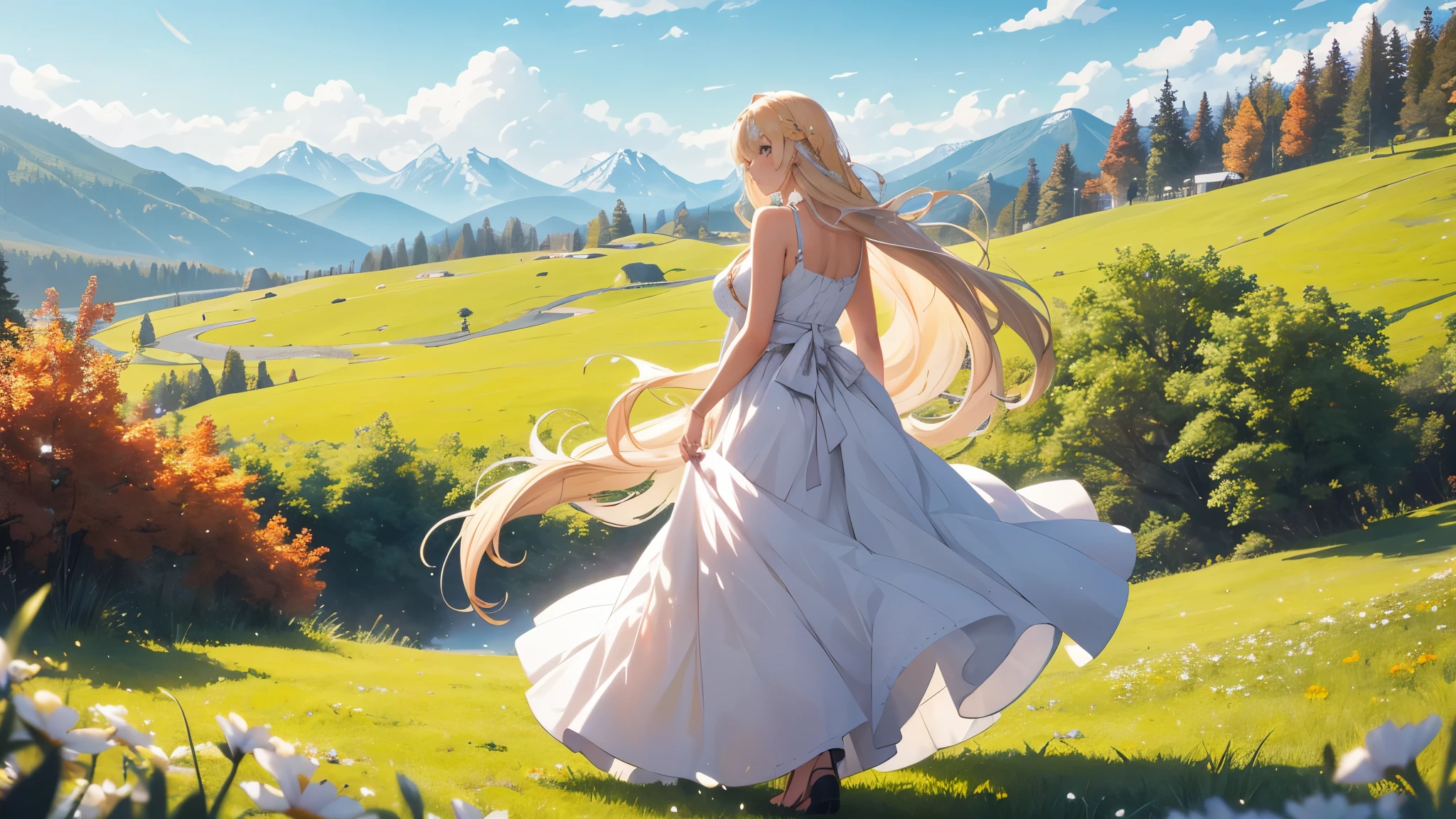 A woman with long blond hair stood on the grass covered with flowers., Long hair flowing in the wind, Wearing a white sleeveless dress，The skirt flies with the wind, 
with a determined expression, She looked towards the distant destination in the mountains.
(break behind her), An orange-red maple forest extends into the distance, The leaves fly with the wind, Mountains rise in the distance.