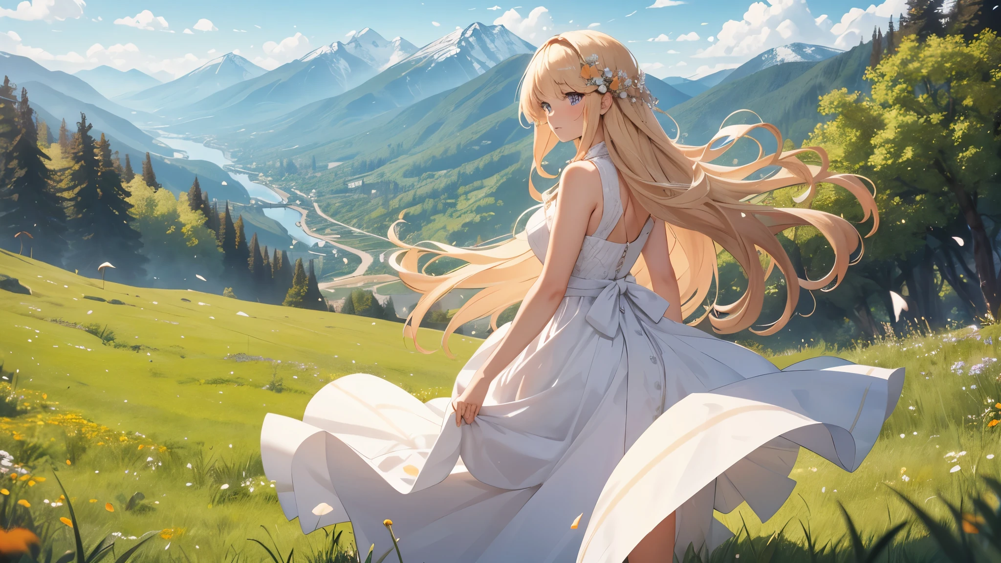 A woman with long blond hair stood on the grass covered with flowers., Long hair flowing in the wind, Wearing a white sleeveless dress，The skirt flies with the wind, 
with a determined expression, She looked towards the distant destination in the mountains.
(break behind her), An orange-red maple forest extends into the distance, The leaves fly with the wind, Mountains rise in the distance.