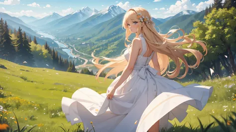 a woman with long blond hair stood on the grass covered with flowers., long hair flowing in the wind, wearing a white sleeveless...