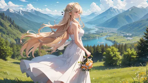 a woman with long blond hair stood on the grass covered with flowers., long hair flowing in the wind, wearing a white sleeveless...