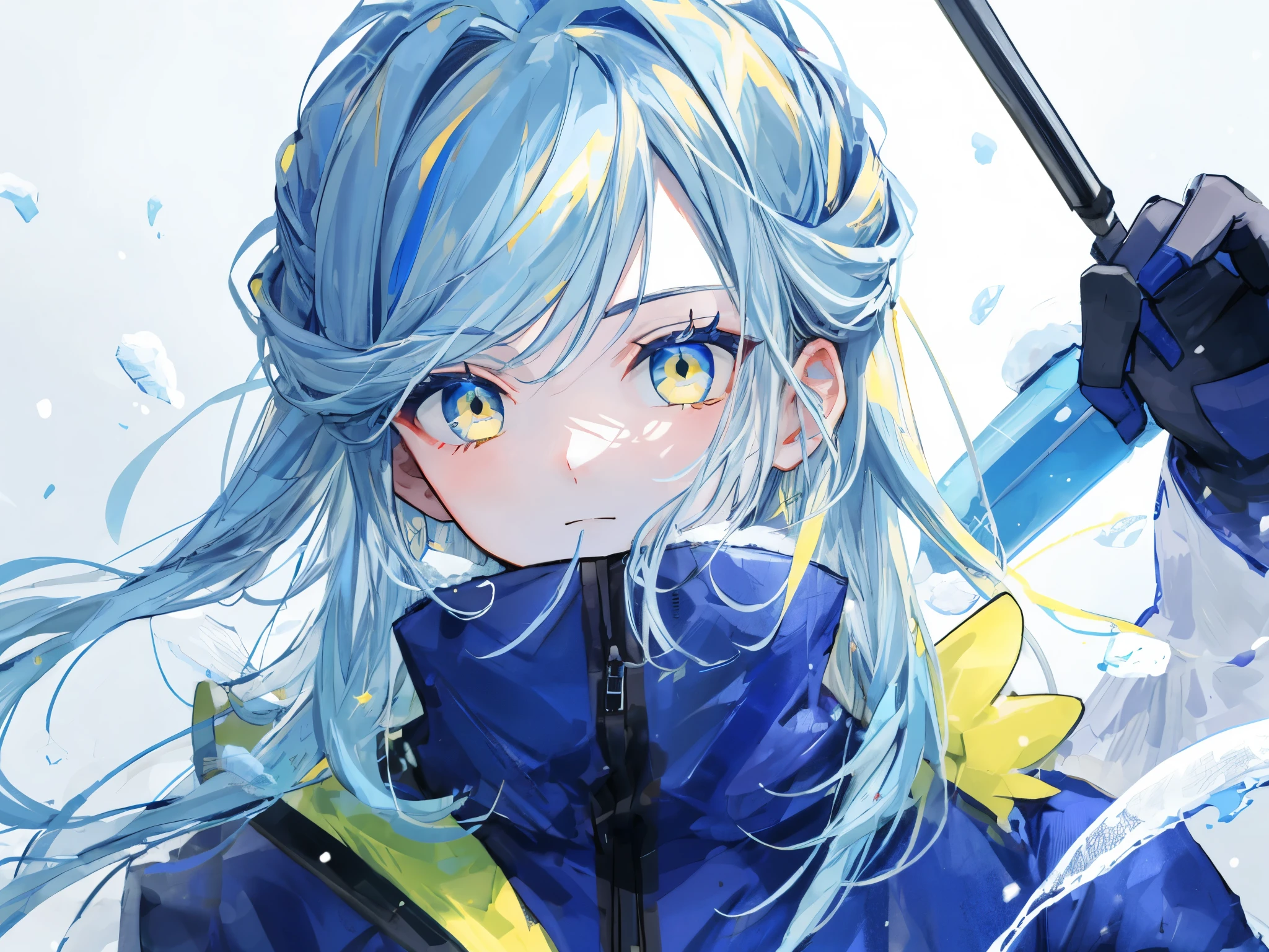 highest quality、highest quality、Super detailed、perfect face、very detailed、very delicate、1 boy, (cute), Angel, light blue hair、half up、place々blue mesh、blue and yellow gradient eyes、noble clothes、snow mountain、snow blowing、nature、detailed background