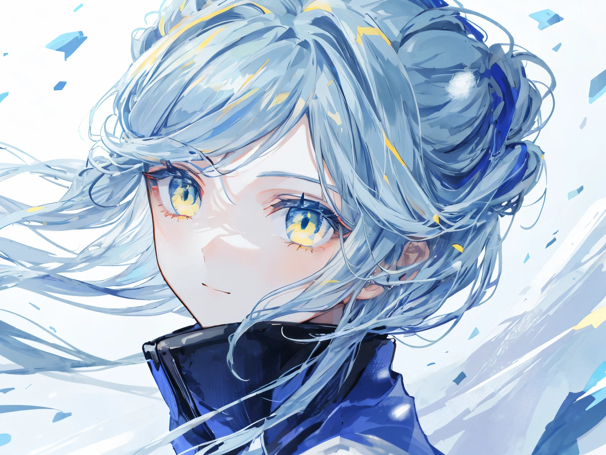 highest quality、highest quality、Super detailed、perfect face、very detailed、very delicate、1 boy, (cute), Angel, light blue hair、half up、place々blue mesh、blue and yellow gradient eyes、noble clothes、snow mountain、snow blowing、nature、detailed background