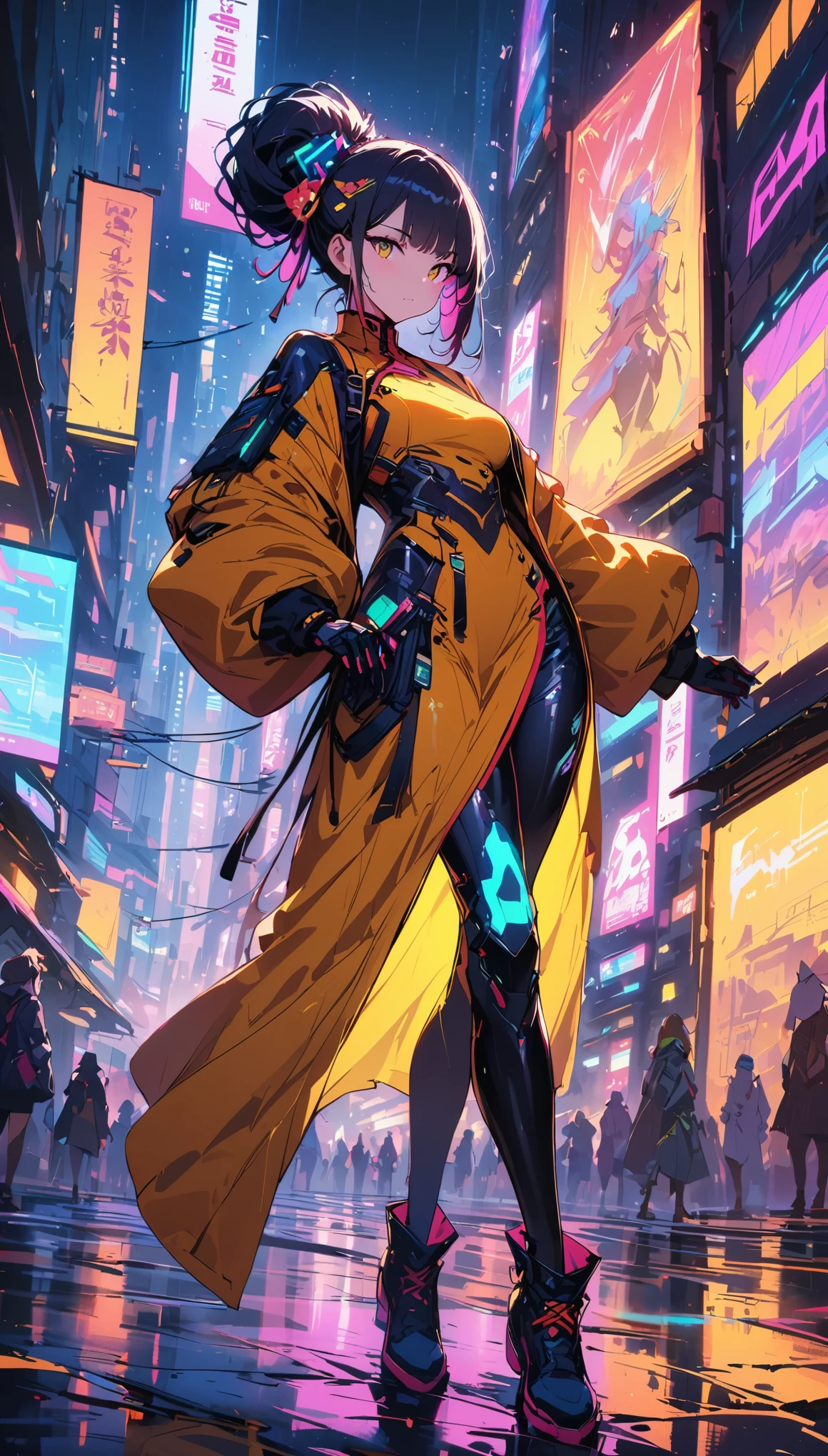 (Meilleure qualité), (Très fin), (chef-d&#39;œuvre), illustration, Costume chinois de fille cyberpunk, （cyberpunk，Vêtements de style chinois，Implants cybernétiques），regarder la caméra,accessoires pour cheveux, couleurs vives，néons，horizon de la ville éclatant，(Vêtements et chaussures de mode du futur)，Une combinaison d&#39;éléments traditionnels et modernes，Avant-garde makeup，Coiffure exquise，confiance et détermination，environnement urbain，sensation métallique，armure mécanique, accessoires magnifiques，Produits de haute technologie，Des améliorations cybernétiques impressionnantes，concentration claire，Détails noueux, Rendu overclocké, lumière de bord cinématographique, Belle lumière, chef-d&#39;œuvre, super détails, travail épique, ultra haute définition, Haute qualité, 32k