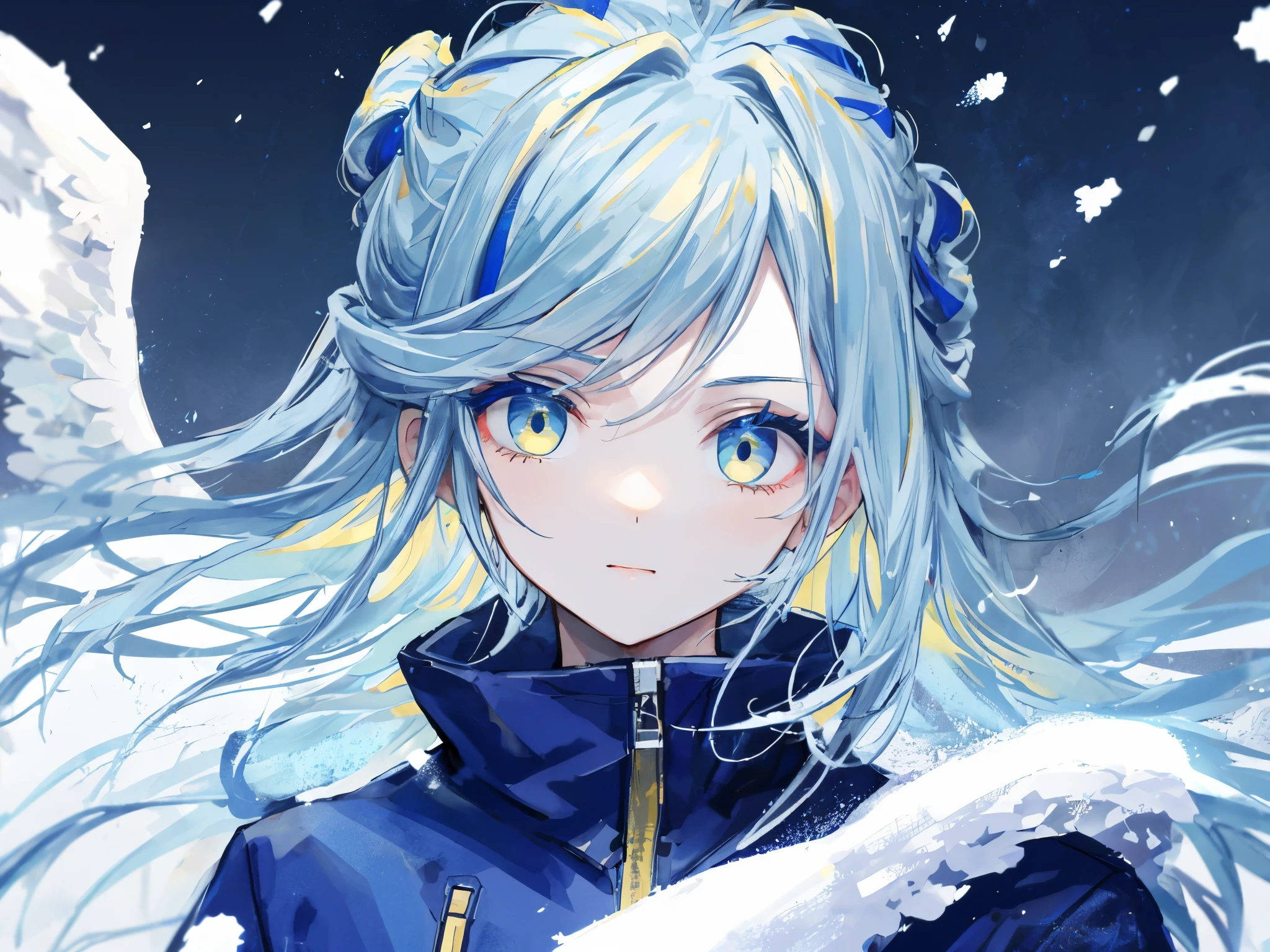 highest quality、highest quality、Super detailed、perfect face、very detailed、very delicate、1 boy, (cute), Angel, light blue hair、half up、place々blue mesh、blue and yellow gradient eyes、noble clothes、snow mountain、snow blowing、nature、detailed background