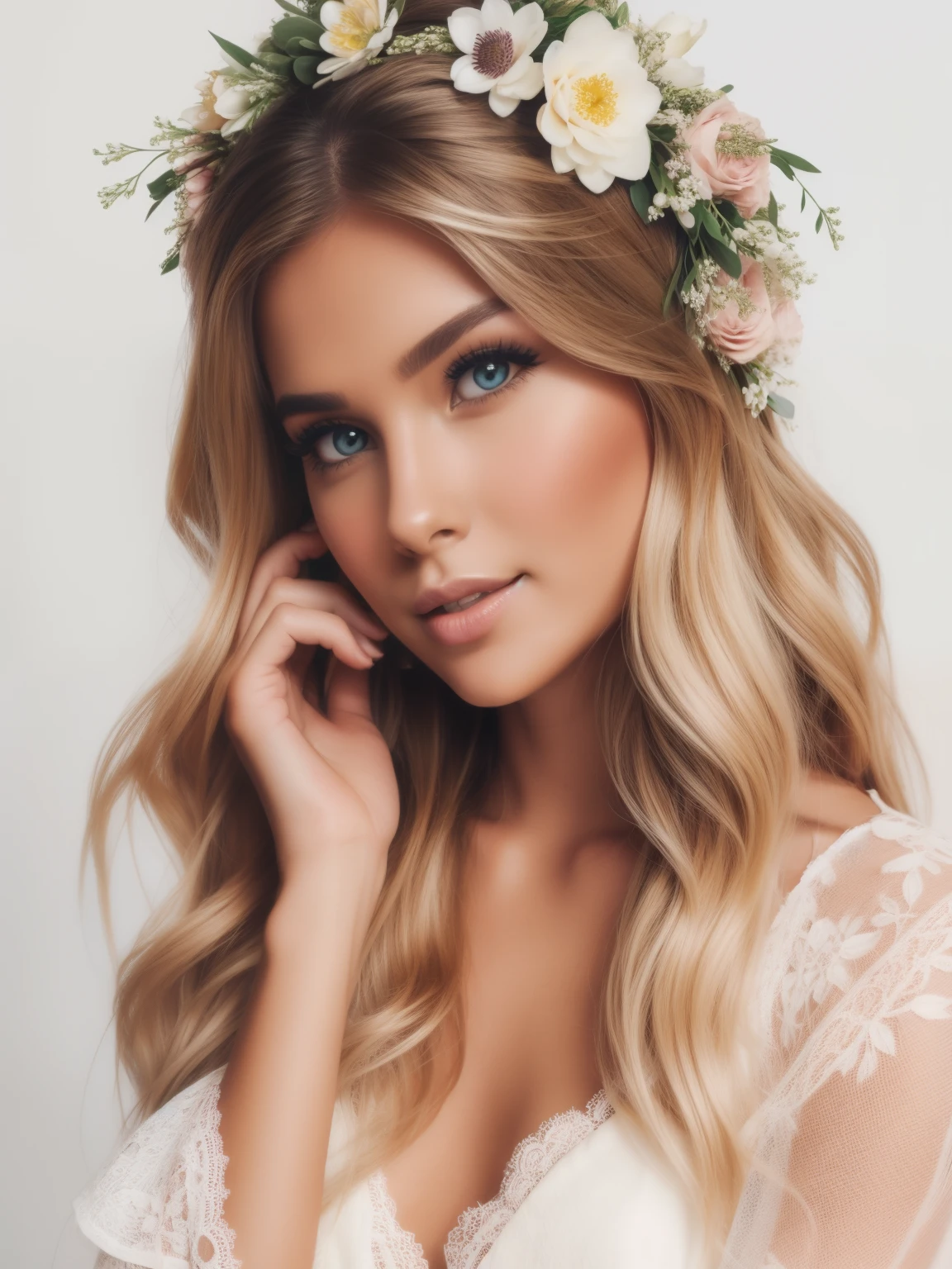 a woman with a wreath on her head, flowers in hair, lotus flower crown girl, flowers on hair, beautiful blonde, wreath, flower crown, photo of a beautiful woman, beautiful portrait image, the wreath, beautiful blonde, blonde and attractive features, beautiful girl model, beautiful girl model, with flowers, gorgeous blonde, Floral