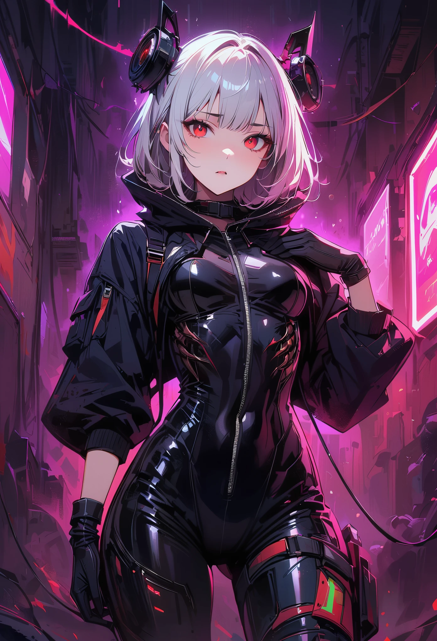 masterpiece， best quality， 8K， Digital painting， 1 girl， solo， stand up， youth， White hair， long white hair， hair accessories， red eyes， round pupils， Emotionless expression， blood stains， Mechanical Parts， electric wire， cable， failure effect， horrifying， science fiction， futuristic， Dark inside the background， neon lights， cyberpunk characters， Surreal， weird， Disturbing， spine-chilling， horrifying， jumpsuit，Red eyes，Venom Possession，blackened，Long black gloves，One-piece Pants，tight latex bodysuit，Highlight her graceful figure,wrap the whole body，symbiont，（（Raised sexy）），jumpsuit，Red eyes，Venom Possession，blackened，Long black gloves，One-piece Pants，Black latex clothing，Blood-red eyes，best quality, High resolution, Super detailed, Vivid textures, mask, tight latex bodysuit, Bangs,purple hair, blue eyes