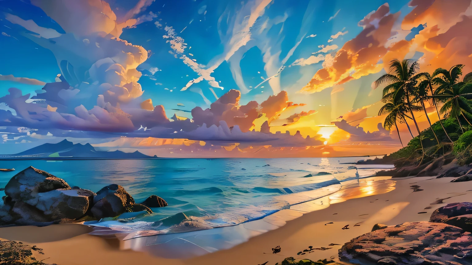 ((haute résolution, HDR, HD, ultra pointu, 8k)), oeuvre d&#39;art d&#39;une plage tropicale avec mer et nuages en arrière-plan, heure du coucher du soleil, Paysage très détaillé, végétation détaillée