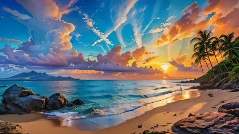 ((high res, hdr, hd, ultra sharp, 8k)), artwork of a tropical beach with sea and clouds in the background, sunset time, very det...