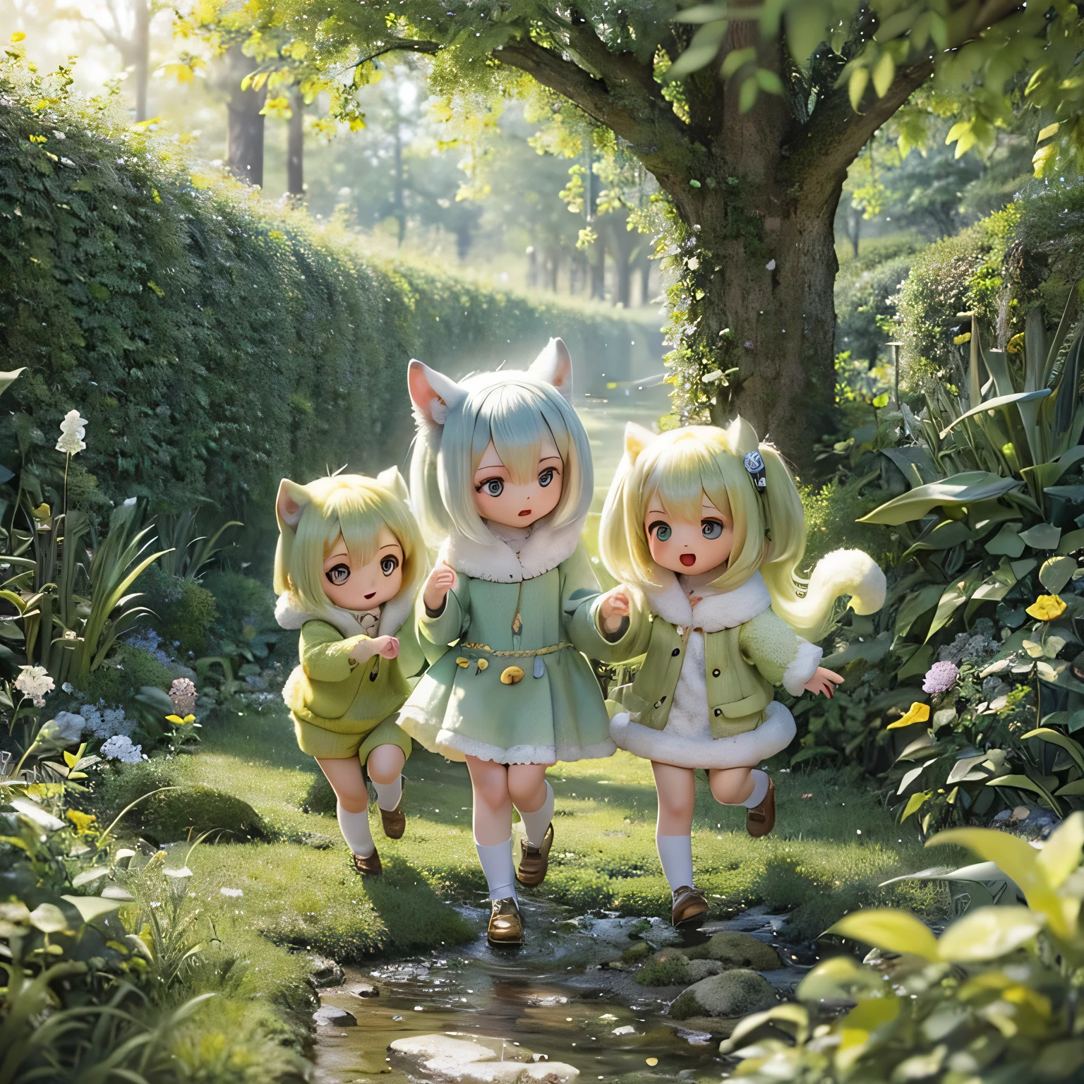 "(best quality:1.2),ultra-detailed,realistic,Ermine girls,chibi run,playful expressions,colorful outfits,dynamic poses,lush green garden,streaks of sunlight,soft pastel palette,warm and inviting lighting"