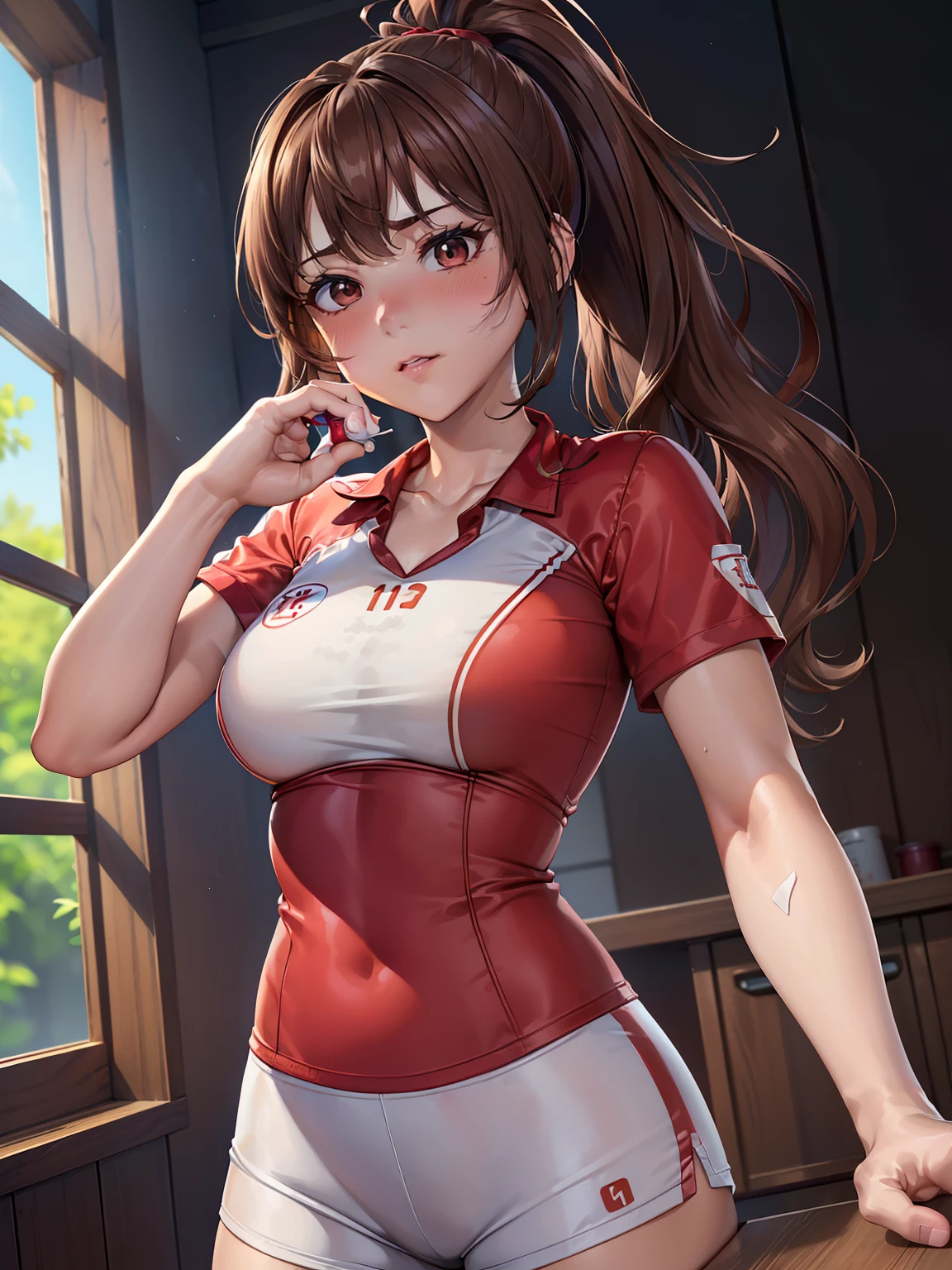 table top, highest quality, High resolution,  perfect pixel,  4K,, 1 girl, single, alone, beautiful woman、I could see the whole body、 ((ponytail、wavy hair, bangs, brown hair)), ((brown eyes, beautiful eyelashes, realistic eyes)), ((detailed face, blush:1.2)), ((smooth texture:0.75, realistic texture:0.65, realistic:1.1, Anime CG style)), dynamic angle, perfect body,  ((Red and white volleyball  uniform、Red and white short-sleeved shirt、white shorts、、、))、(in the lab)、、((holding medicine )) 、upward glance、、  ((very small breasts )),weak unhealthy ,(((very thin))) (syringe ) test tube ,experiment table 