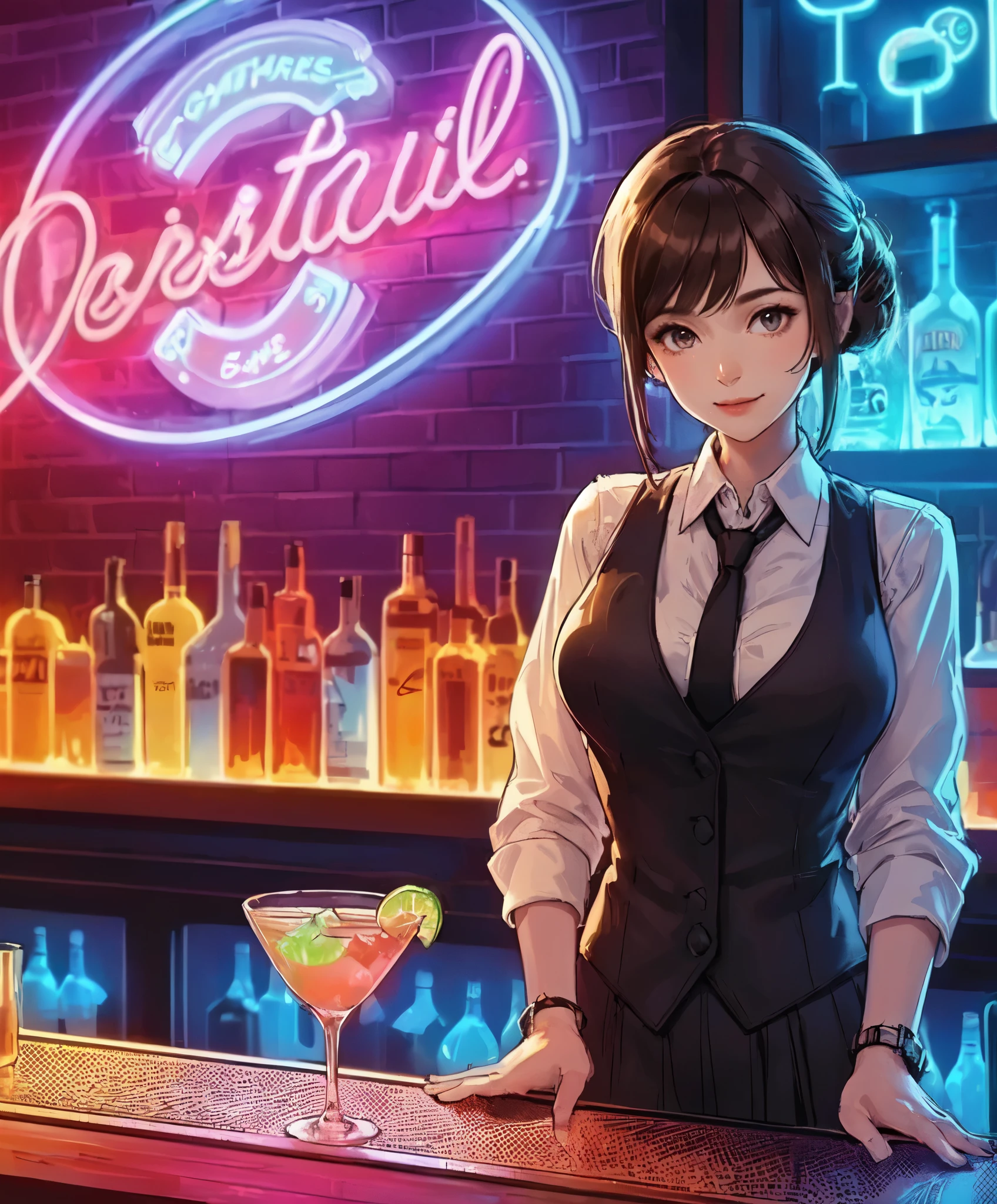 1lady solo, standing, bartender, (black vest over white dress shirt) tie, stylish outfit, mature female, /(dark brown hair/), (light smile:0.8), (masterpiece best quality:1.2) delicate illustration ultra-detailed, medium breasts BREAK ((colorful neon signs:1.2 on wall), (neon tube) glowing BREAK (fashionable bar counter) indoors, ((cocktail glass) filled with colorful liquor), (dimly lit room), liquor bottles, detailed background