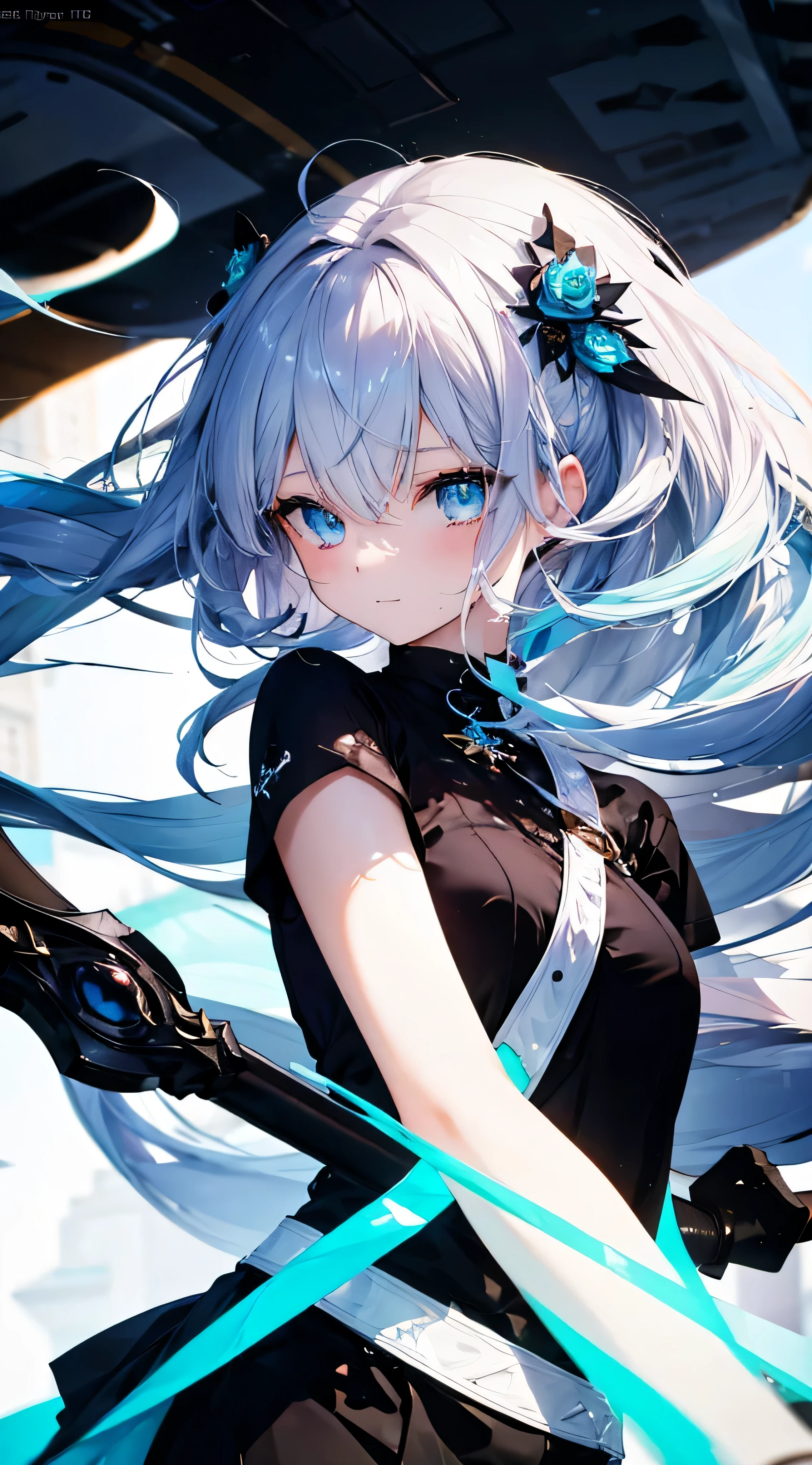 1girl, ( young girl, cute girl), slim body.medium breast, white hair.detailed beautiful eyes. Glowing eye. aqua  eyes, long hair, bangs, black flower hair ornament, white T - shirt, holding sword, top body.smile