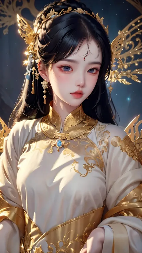 a stunning art, abstract, angelic, a goddess with black hair, white dress, gold details, centered, key visual, intricate, highly...