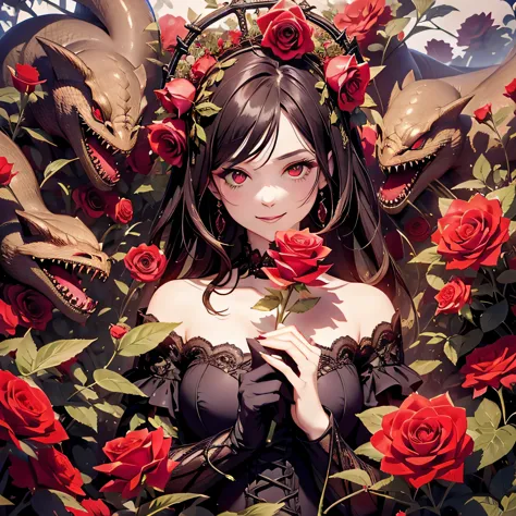 queen of roses. Fanged roses surround a beautiful woman. she is wearing a gothic dress. she has red eyes. Vine monsters are inte...