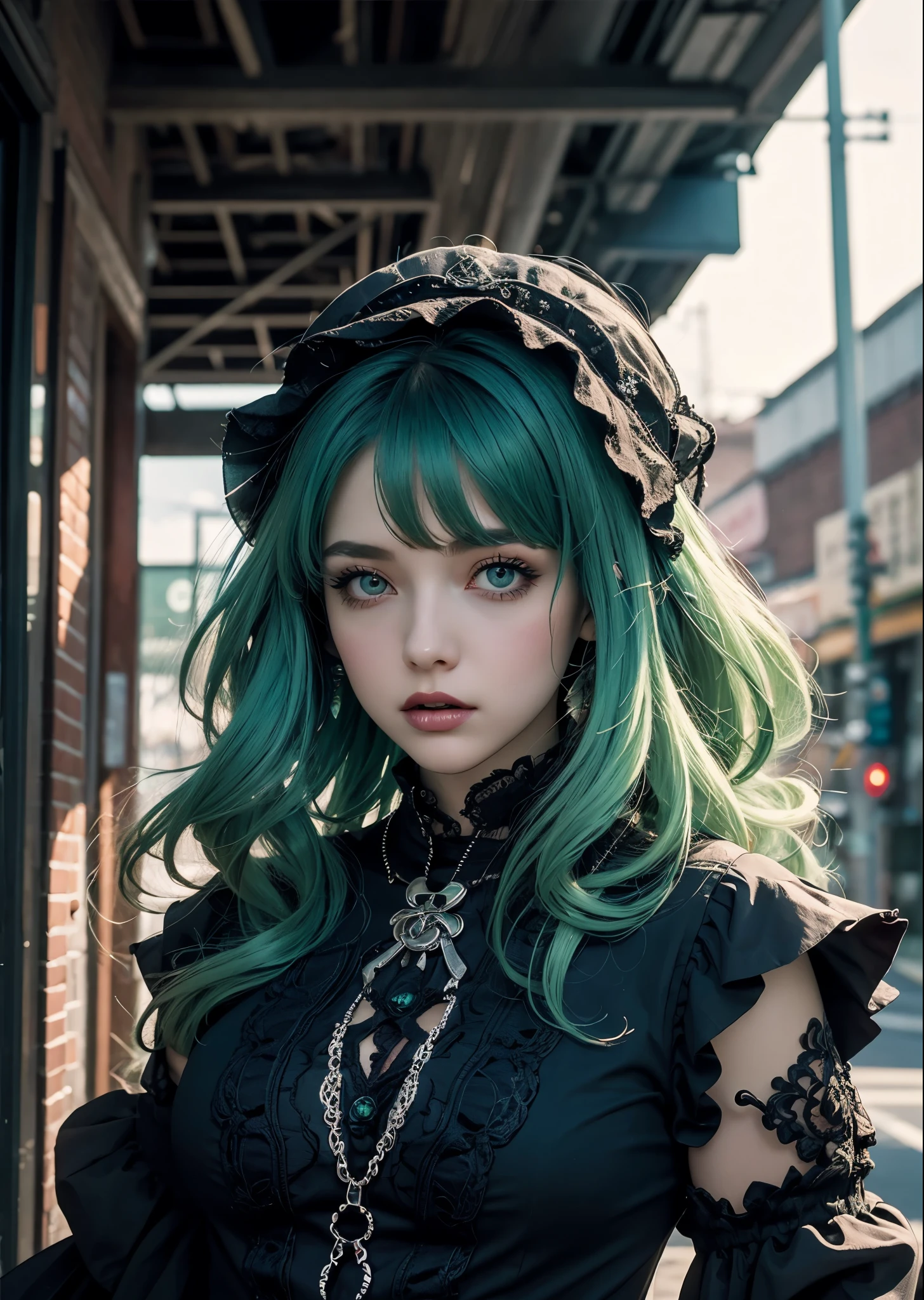 masterpiece、highest quality、Super detailed、official art、1 girl、1 boy、male and female couple、glitch art:1.5、colorful:1.5、green hair、length、Gothic Lolita Cosplay、cyber environment