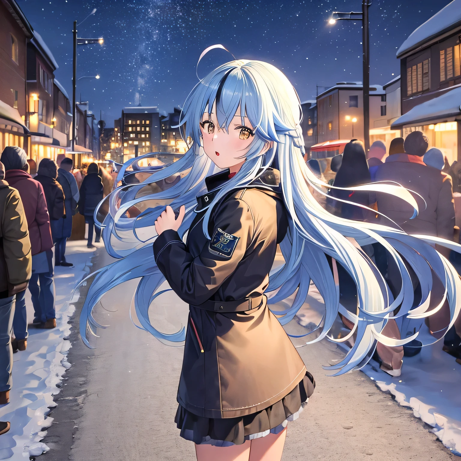 masterpiece, best quality, highres, 1girl, long hair, streaked hair, ahoge, hair ornament, ((cold weather clothes)), snowing, city, outdoors, night, movie poster, extremely detailed 8K, smooth, high resolution, ultra quality, cinematic lighting, ambient occlusion, hd, 2k, 4k, 8k, 16k, extremely detailed anime, detailed faces, perfect composition, wide shot, atmospheric lighting, 