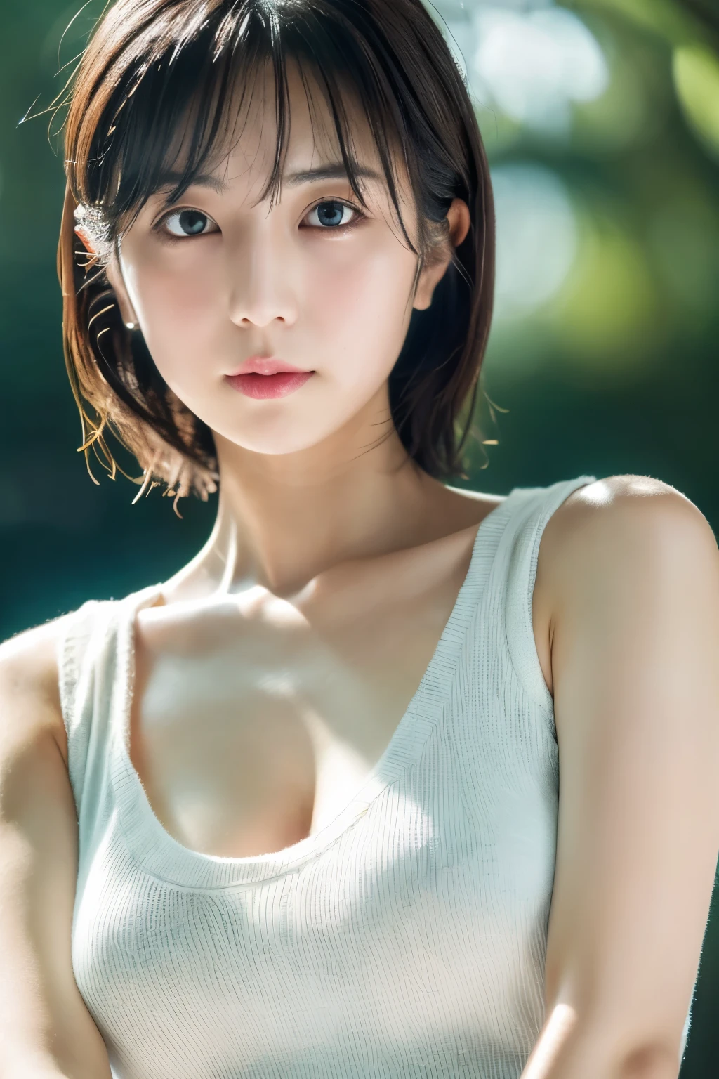 highest quality, 8K, High resolution, masterpiece, best pictures, thin japanese woman, detailed and beautiful eyes, Super detailed, detailed face, sweaty, upper body up, short hair, loose sleeveless sweater, alone, small breasts, cleavage, (view audience)