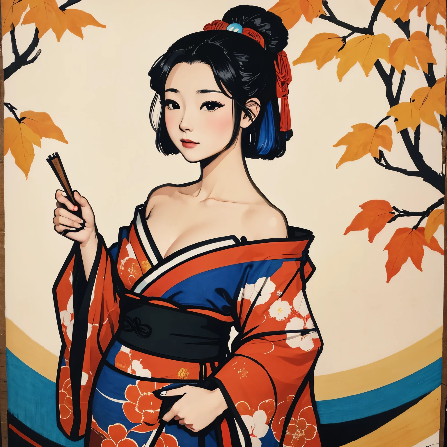 Art vintage japonais, Conception de t-shirts, art vectoriel, art plat:1,4. \\ (japonaise, en kimono, best quality, Art officiel, Beaucoup de couleurs, couleurs du japon, ukiyo-e, couleurs, d'automne , bare shoulders, belles formes,: 1.2