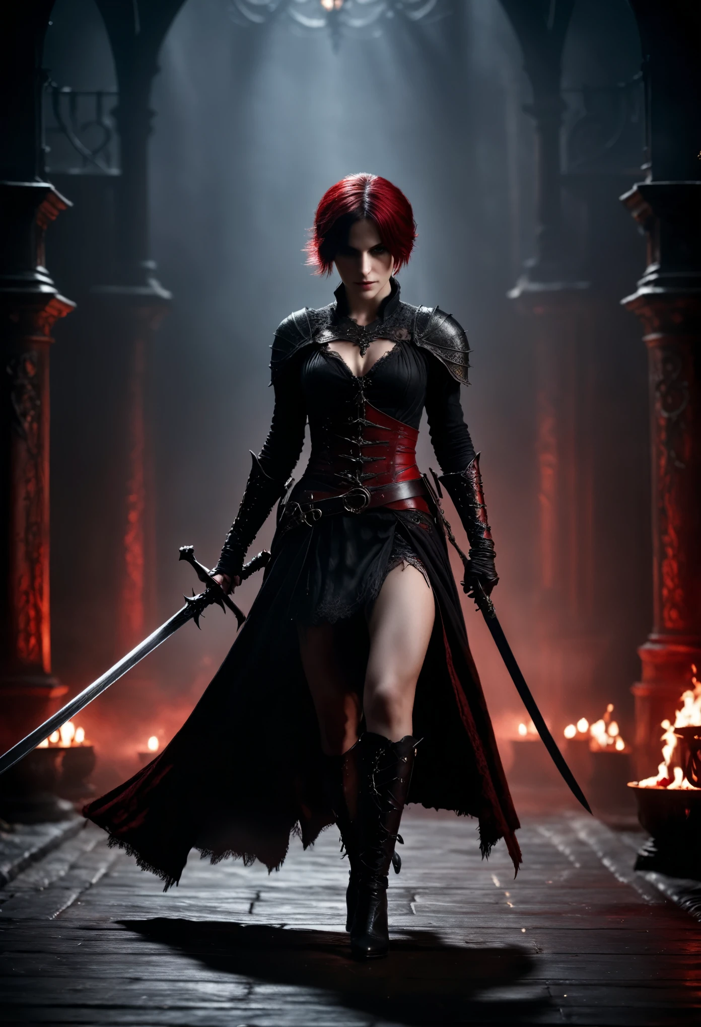 photo shot on Nikon D850, Bloodborne ~ Dark Souls 3 ~ Elden Ring ~ ultra detailed gorgeous woman with short black-red colored hair, extremely sexy,  dancing with a sword, in a world of black and red, dark gloomy  antique  atmosphere,  cinematic, blushing, teasing, Alluring. highly stylized. depth of field, bokeh effect, backlit, stylish, elegant, breathtaking, visually rich, masterpiece, full body shot.