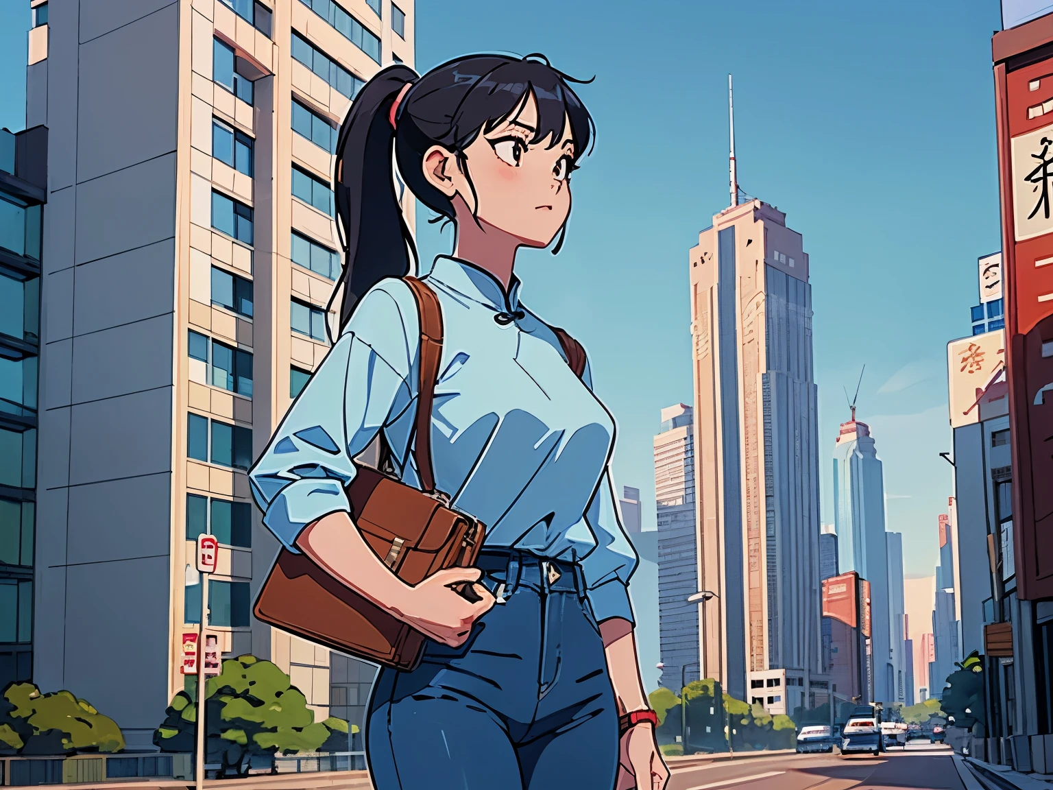 Era：Sentimiento de la era 1990，Mujer china 2，imagen del personaje：La heroína intelectual viste una camisa azul claro.，jeans de mezclilla azul oscuro，Zapatillas blancas，Maletín portátil marrón，Recoger el cabello en una cola de caballo，Demostrar la competencia de las mujeres profesionales。 Escenas：La heroína mira hacia arriba y ve los altos edificios al costado de la carretera.