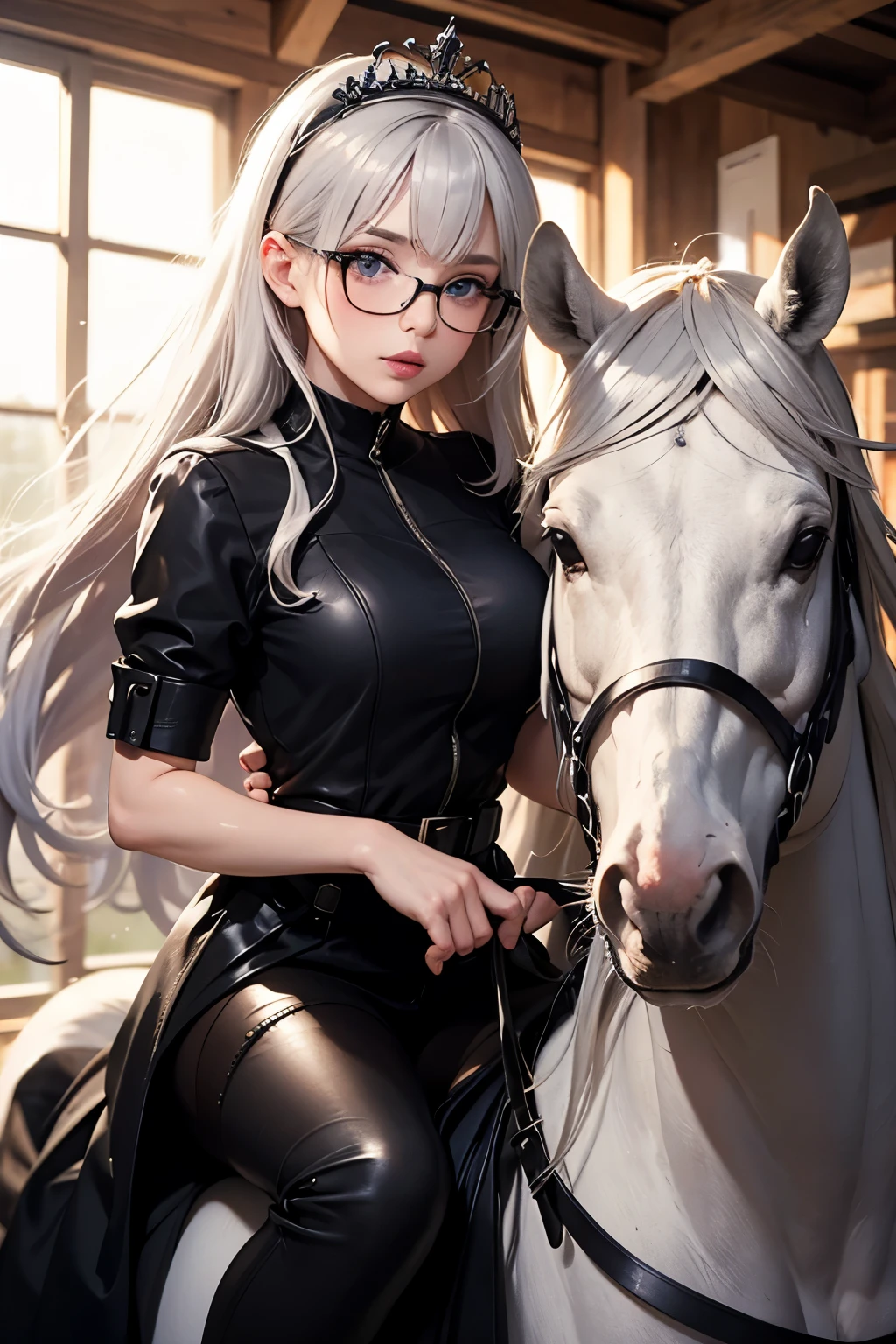 ((best quality)), ((masterpiece)), (detailed), perfect seductive face a beautiful white-toned girl with black and silver hair wearing glasses and wearing black warrior clothes, blue eyes, glossy skin. detailed skin, pink lips with a tiara on her head, riding a horse in a war zone , getting fucked by a prince