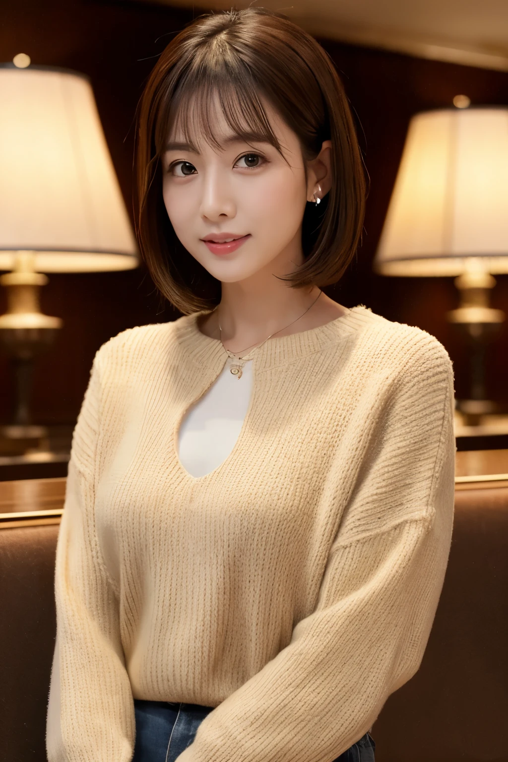 highest quality, 8K, High resolution, masterpiece, best pictures, (Slim body type), (hourglass body shape), 1 Japanese woman, detailed and beautiful eyes, Super detailed, detailed face, in the hotel lobby, standing straight, photo from the waist up, short hair, A thin knit sweater that fits the body, small breasts, swelling of the chest, ((view audience))