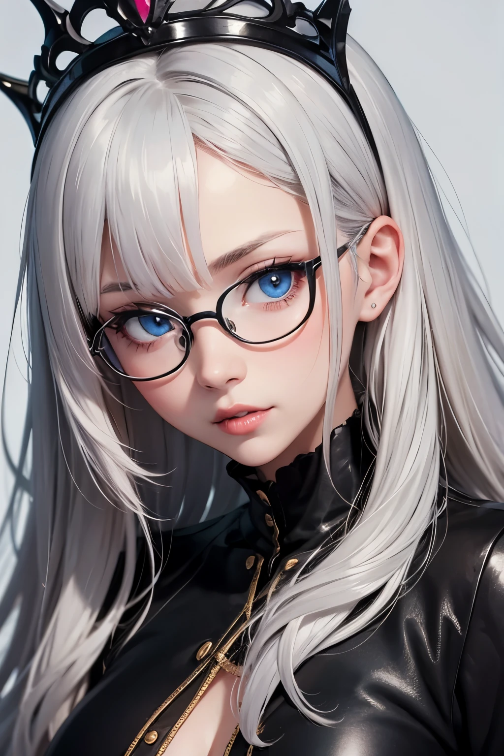 ((best quality)), ((masterpiece)), (detailed), perfect seductive face a beautiful white-toned girl with black and silver hair wearing glasses and wearing black warrior clothes, blue eyes, glossy skin. detailed skin, pink lips with a tiara on her head,  getting fucked by a prince