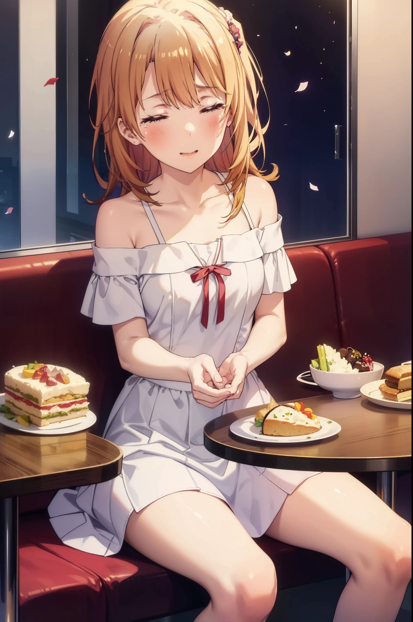 irohaisshiki, iroha isshiki, long hair, brown hair, smile,blush,open your mouth,close both eyes,tears run down her face,Crying with joy,cry a lot,white off shoulder dress,bare clavicle,bare shoulders,naked neck,long skirt,stiletto heels,A large cake and food are placed on the table.,sitting in a chair,confetti,ロマンチックな雰囲気
break indoors, A restaurant with a beautiful night view,
break looking at viewer,
break (masterpiece:1.2), highest quality, High resolution, unity 8k wallpaper, (figure:0.8),  highly detailed face, perfect lighting, Very detailed CG, (perfect hands, perfect anatomy),