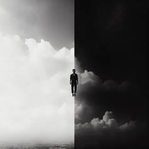 there is a man flying in the clouds, surreal photo, compared. surreal, there are two sides to the story, black and white art pho...