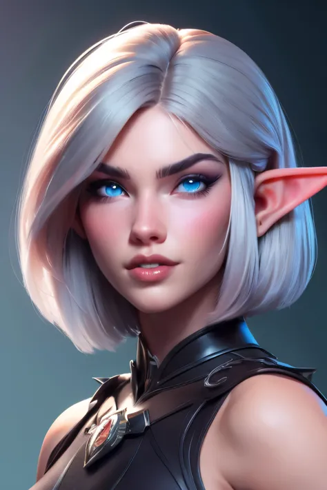 beautiful portait of dark elf female in her 20s with fit body , perfect face feature , (blunt bob short hair), (silver hair colo...