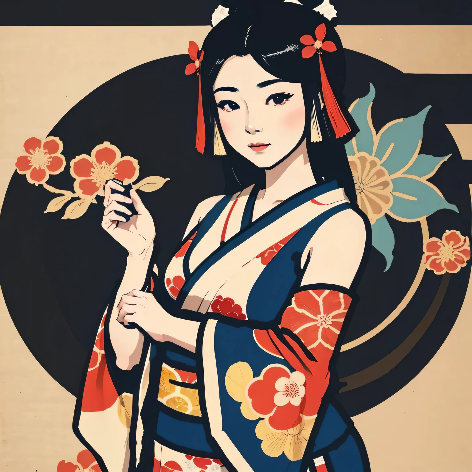 Art vintage japonais, Conception de t-shirts, art vectoriel, art plat:1,4. \\ (japonaise, en kimono, best quality, Art officiel, Beaucoup de couleurs, couleurs du japon, ukiyo-e, couleurs, printemps , bare shoulders, belles formes,: 1.2