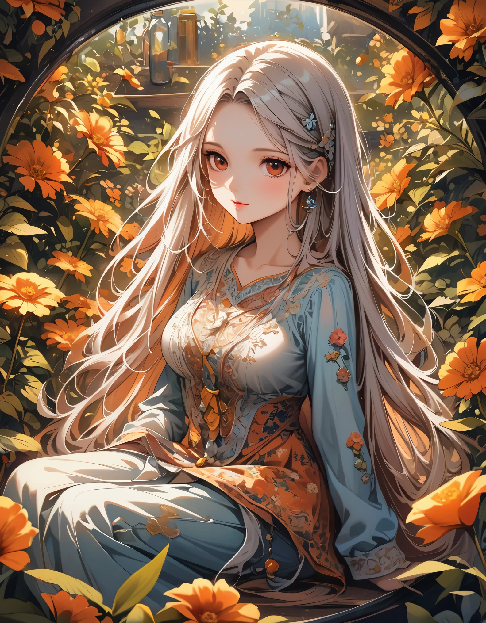 (masterpiece), (best quality), illustration, Super detailed, high dynamic range, depth of field, (rich and colorful), ,(flowers background:1.45),(Transparent Background:1.3)(an extremely delicate and beautiful girl inside of Glass Kan:1.2), (Glass Kan:1.35),(alone:1.2), (whole body), (Beautiful and delicate eyes, Beautiful and delicate face:1.3), (sitting ), (very long silky hair, white hair:1.15), (Moderate_breast, count and lean:1.2), (colorful clothes:1.3), (extremely detailed lace:0.3), (extremely detailed decoration:0.3),(Headband , orange hair_decoration:1.25),orange can,water surface,whole body,(bottle filled with orange water,bottle filled with Fanta:1.25), (many fruit in jar, many Sliced_fruit in jar:1.25), (Many bubbles:1.25),