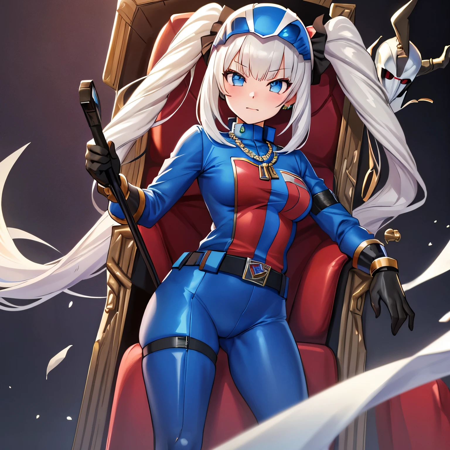 Best quality, 8k, 32k, Masterpiece, high resolution, unity 8k wallpaper, illustration, anime style, perfect lighting, extremely detailed CG, 1girl, solo, ((gijoe-cc, sliver mask, blue helmet)), marie antoinette, long hair, white hair, twintails, frills, jewelry, necklace, gloves, belt, black gloves, holding, bodysuit, blue bodysuit, (cobra emblem, cobra logo), looking at viewer, standing, throne, evil, evilness, military,