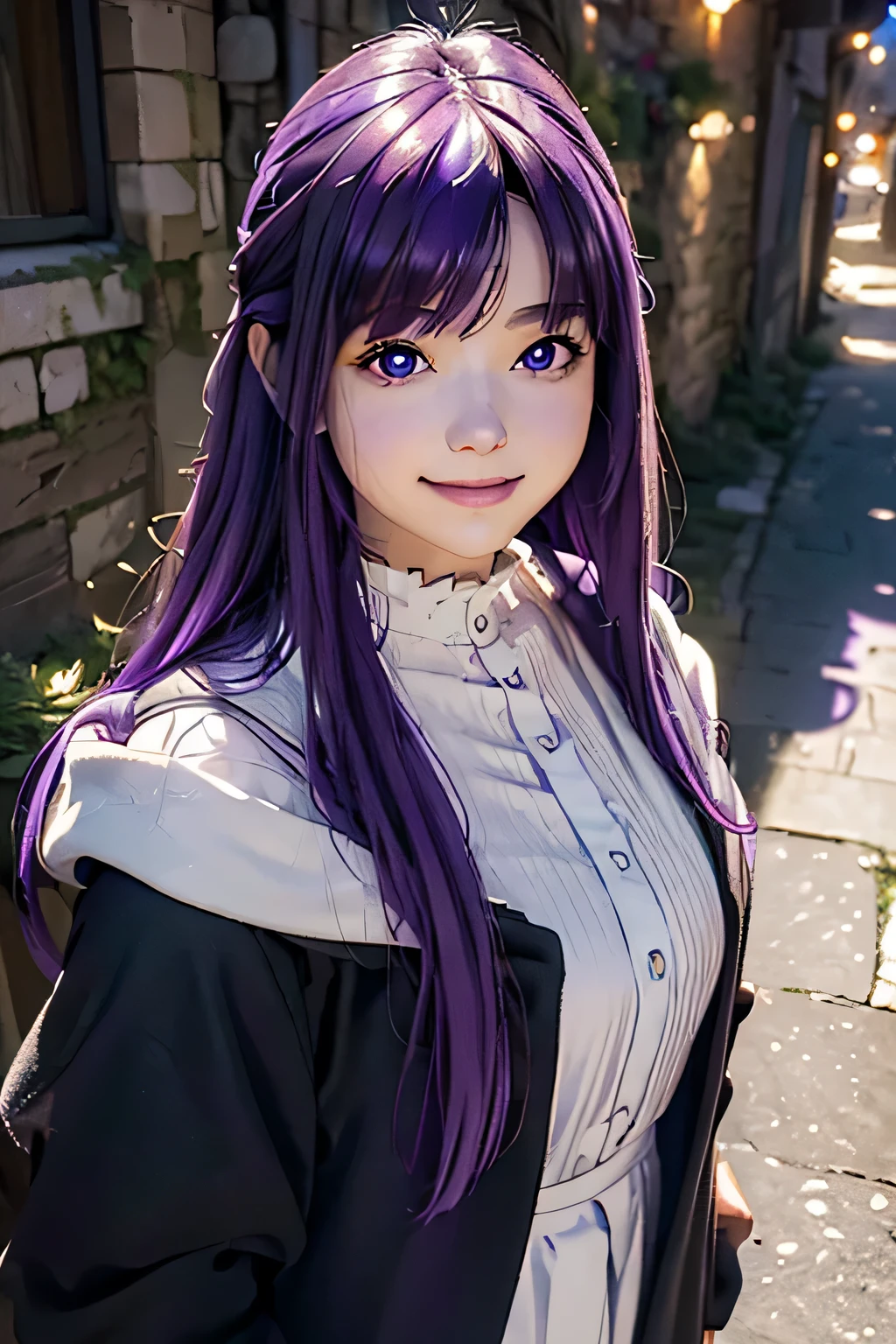 (masterpiece, best quality:1.4), ((1girl)), highres, solo, (european youth:1), ((fern)), ((16 years old)), Cosplay, ((long purple hair)), ((purple eyes)), ((Black Robe)), white Inner Shirt, Large magic wand, high detailed skin, dslr, soft lighting, high quality, highly detailed face, highly detailed skin, skin pores, subsurface scattering, realistic pupils, full face blush, detailed background, depth of field, volumetric lighting, sharp focus, absurdres, realistic proportions, good anatomy, ((cowboy shot)), ((looking at viewer)), ((light smile)), (realistic, hyperrealistic:1.4), 16k hdr, from above, (((Blue sky))), BREAK, ((dimly lit alley, ruins)), cityscape
