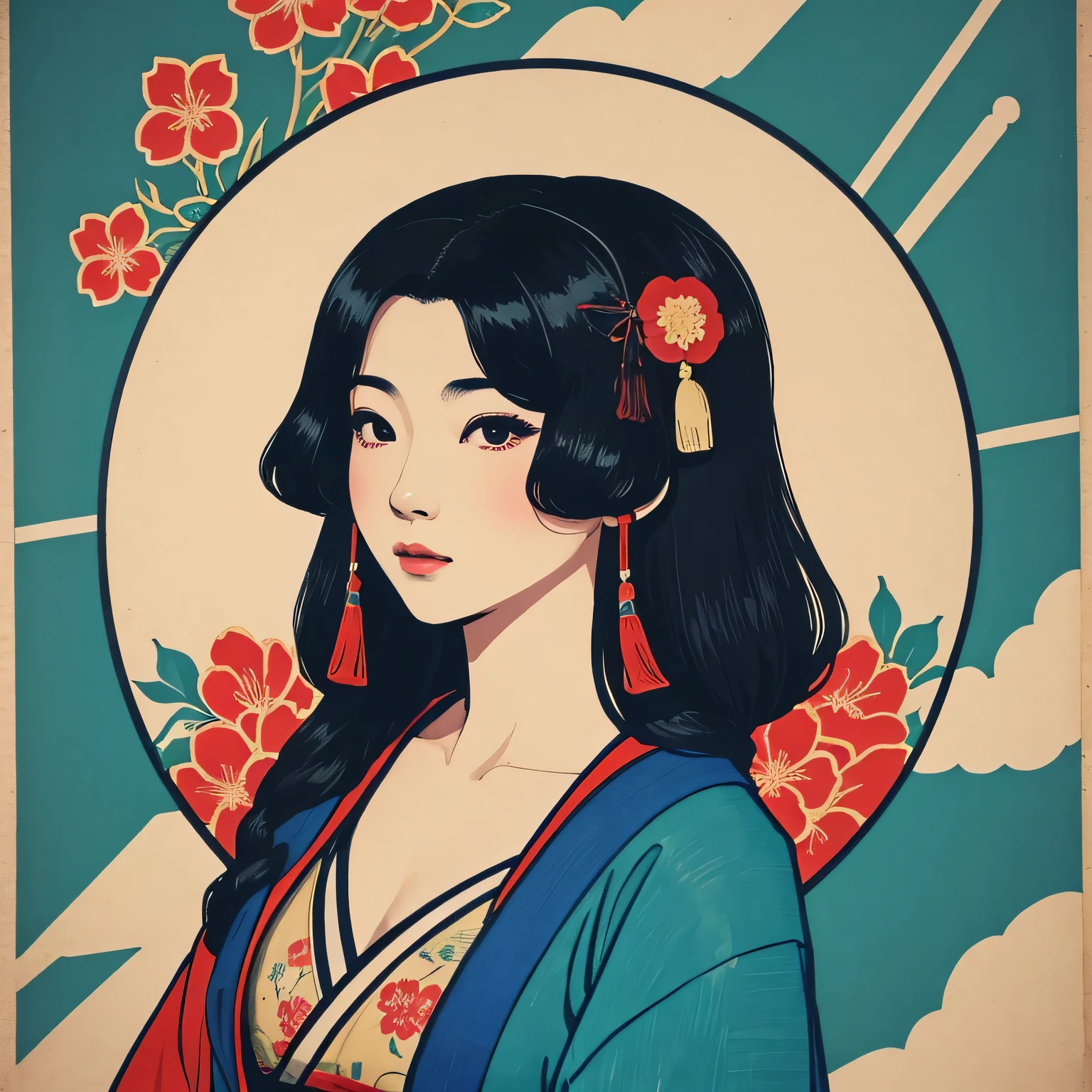 Art vintage japonais, Conception de t-shirts, art vectoriel, art plat:1,4. \\ (japonaise, en kimono, best quality, Art officiel, Beaucoup de couleurs, couleurs du japon, ukiyo-e, couleurs, printemps , bare shoulders, belles formes,: 1.2