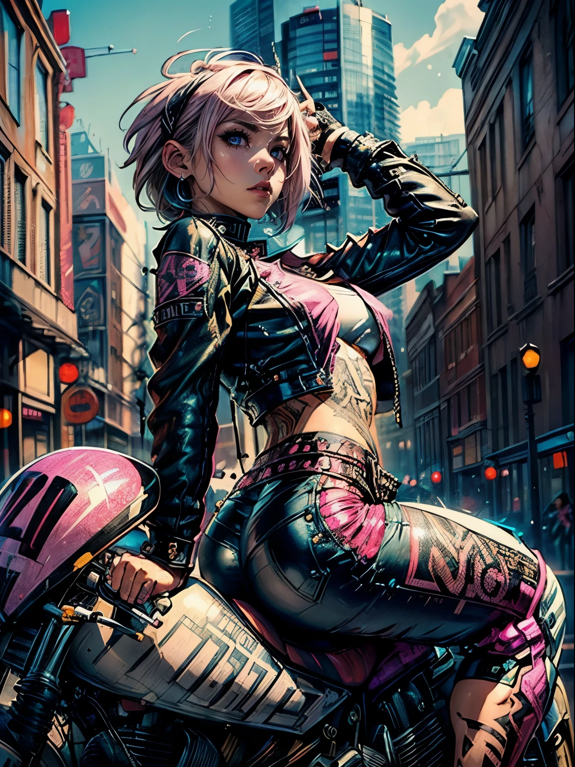 (((top quality: 1.4))),(A masterpiece like no other in history), (ultra high resolution),(Ultra-realistic 8k CG), official art、 (((adult body))), (((1 girl))), ((( bob short hair ))), punk girl with perfect body, jacket with metal spine,Beautiful and well-shaped face,,elaborate punk fashion,leather jacket, (Image from head to thighs),((Pink bob short hair )), ((small leather panties:1.0)), Simon Bisley&#39;s urban and brutal style,Detailed street background of London,beautiful abs, Complex graphics, Dark pink with white stars and gray and white stripes,(riding a vintage motorcycle:1.5) (( Lots of poisonous tattoos )), earrings,(dynamic pose,Low - Angle:1.5)、