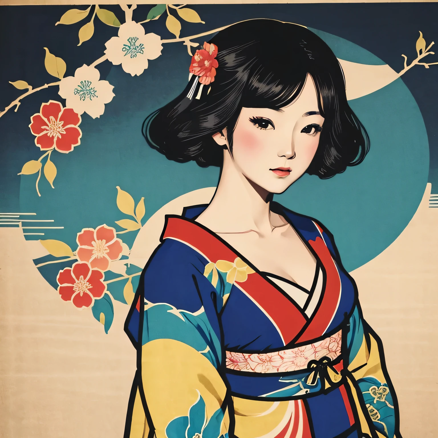 Art vintage japonais, Conception de t-shirts, art vectoriel, art plat:1,4. \\ (japonaise, en kimono, best quality, Art officiel, Beaucoup de couleurs, couleurs du japon, ukiyo-e, couleurs, printemps , bare shoulders, belles formes,: 1.2