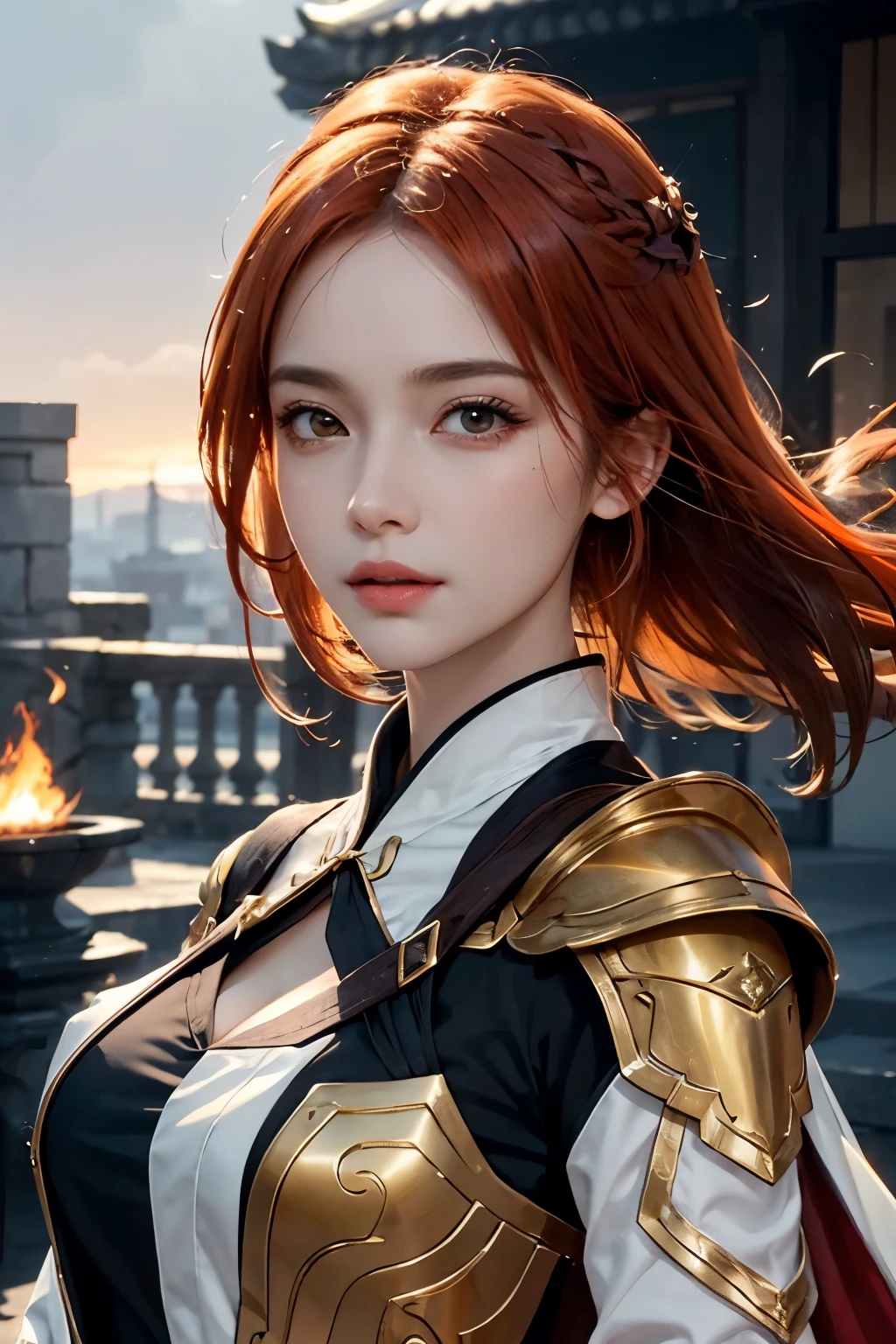 Beautiful woman with，Exuding the aura of fanatical power, Tiantuan, red and gold armor，Red long-sleeved dress，flame，divine light,（masterpiece：1.4），（best quality：1.4），（beauty的女孩，Very rich facial details，short hair white hair， hair loose，luster， Bokeh， Ultra-detailed RAW quality, movie stills, 1 beautiful girl, cloud girl, floating in the sky, close up, bright, happy, Warm and soft lighting, Sunset, (spark:0.7)，（操控flame：2），lifelike, High resolution, soft light,1名miss, keen vision, noble and inviolable temperament, (([miss]: 1.2 + [beauty]: 1.2 + long orange hair: 1.2)), bright眼睛, Purple tone pattern，purple light and shadow，清晰beauty, beauty细致眼神, Good 8KCG wallpaper, official art， super detailed， masterpiece， best quality，