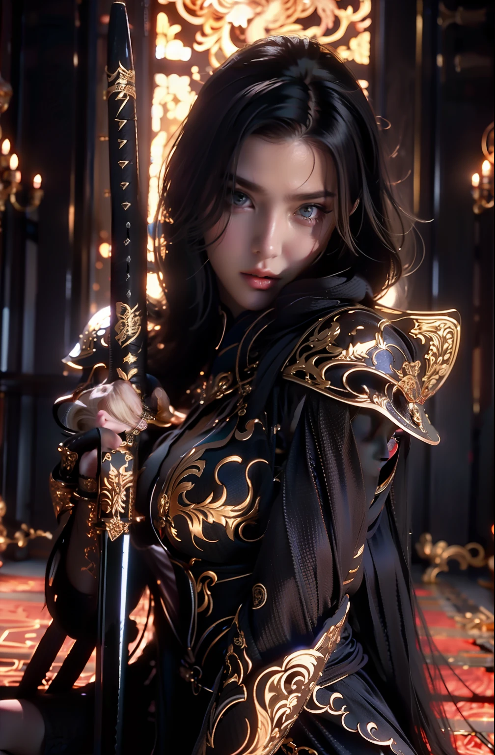 ((Best quality)), ((masterpiece)), (highly detailed:1.3),a woman wearing black armor, long hair. Holding a luxury sword, armor damaged war scene, super cute face, super slim body, super slim, small waist, super perfect huge breast, perfect huge  breast, smooth skin, silky hair, blue eye, 16 year old, red robe,blue  hijab with a princess crown , luxury golden pattern armor,  blonde, fighting style, red lips, blushing, erect nipples ,  (((pendulous breast)) 